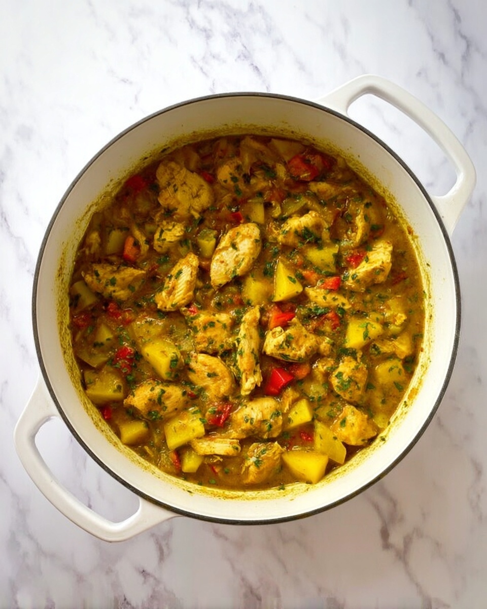 A white pot filled with a stew-like dish showing several chunks of cooked chicken in a yellowish sauce mixed with diced yellow and red vegetables, and green herbs sprinkled throughout. The sauce looks thick and coats all the ingredients. The pot is set on a white marbled surface with no other items visible. Photo taken with an iphone --ar 4:5 --v 7