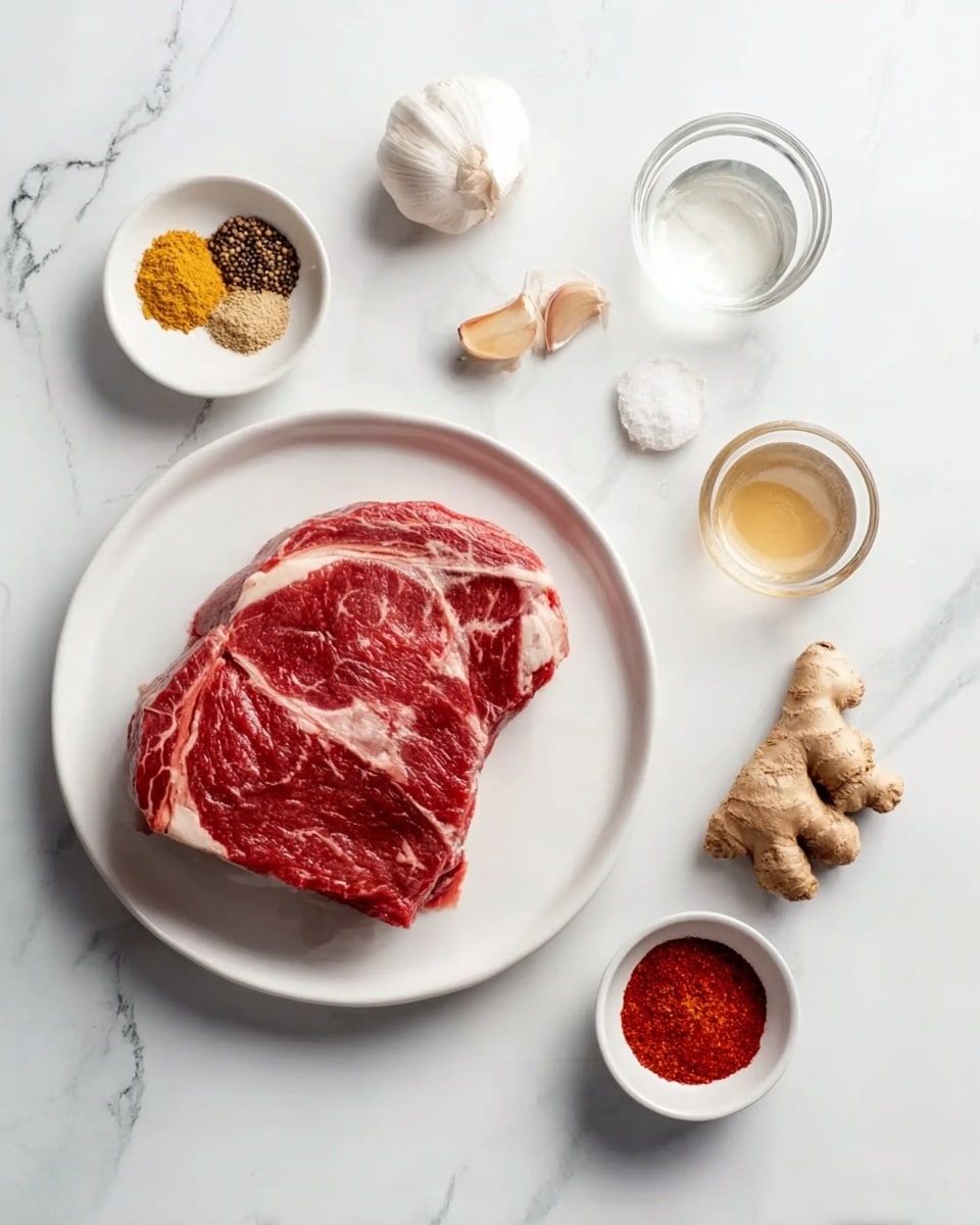 A white plate holds a large piece of raw beef with a rich red color and thin white fat marbling, placed on a white marbled surface. Around the plate, several small bowls and ingredients are scattered evenly: a small white bowl filled with a variety of colorful spices like yellow, brown, and black; a whole bulb of garlic; a piece of light brown ginger root; a small glass container with light brown powder; a small glass container of clear liquid; and a small white bowl with bright red powder. The overall scene looks clean and organized, with the ingredients spaced neatly on the white marbled background. photo taken with an iphone --ar 4:5 --v 7