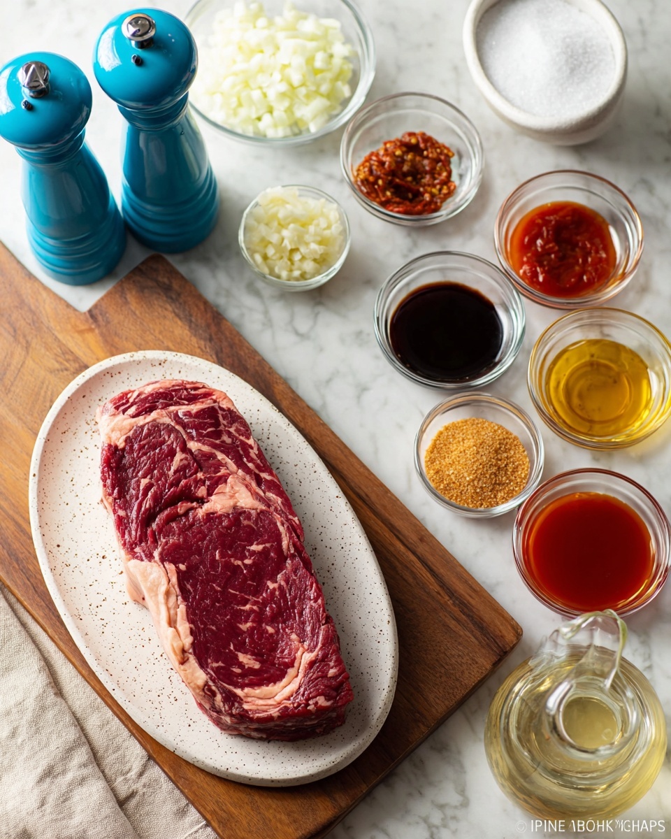 A large raw beef steak with deep red and white marbling lies on a white speckled plate placed on a wooden cutting board, surrounded by small clear glass bowls filled with various ingredients: finely chopped white onions, dark brown soy sauce, bright red chili paste, light brown brown sugar, pale yellow minced garlic, a vibrant red sauce, and several clear liquids in small bowls and a glass pitcher. Two tall pepper mills, one bright blue and one white, stand next to the board. The whole arrangement is set on a white marbled surface. photo taken with an iphone --ar 4:5 --v 7