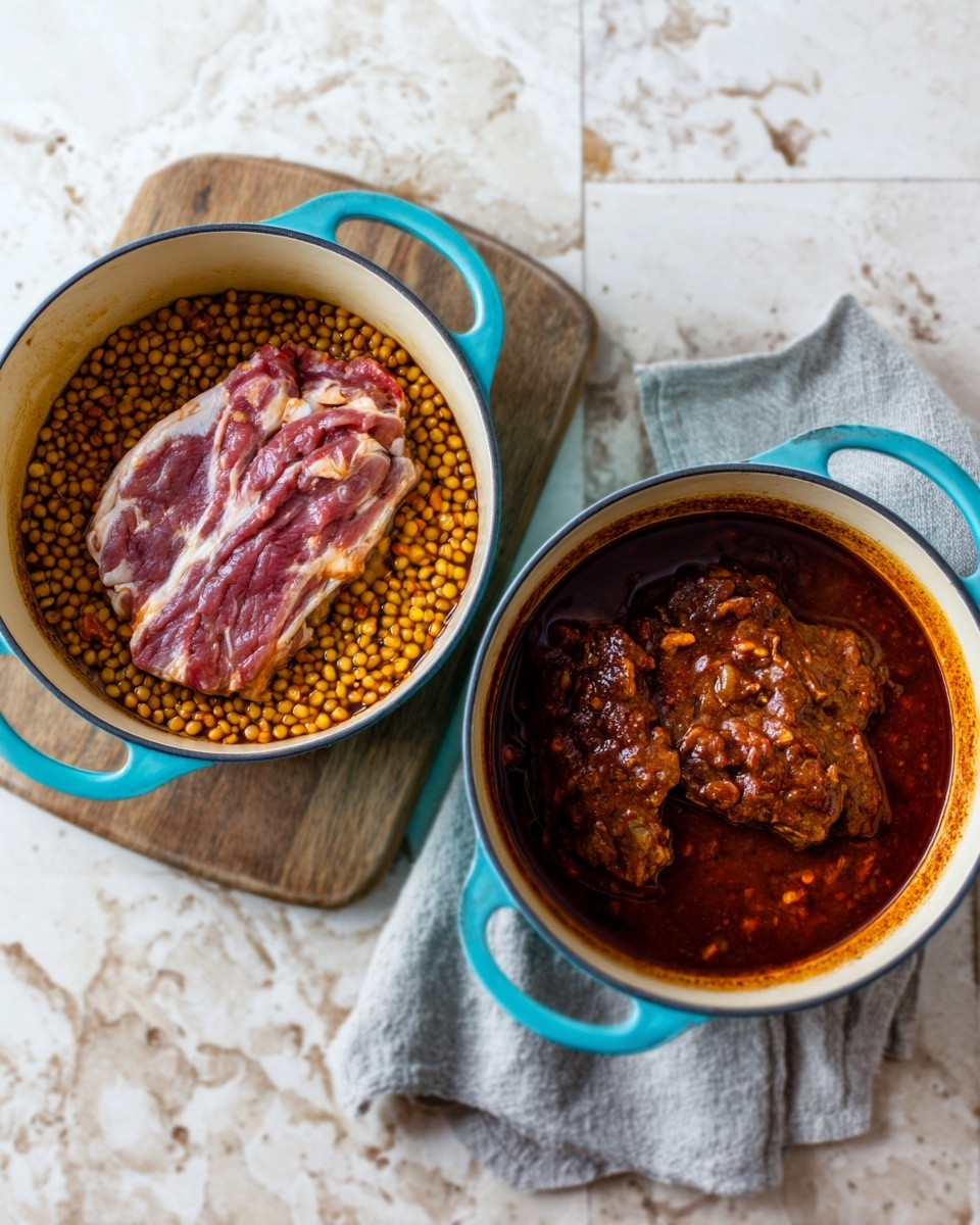 The image shows two light blue ceramic pots with cream handles on a white marbled surface. The left pot holds raw meat lying flat on a bed of small yellow lentils, with a dark brown liquid around them. The right pot contains cooked meat in a thick dark reddish-brown sauce, filling the pot with no visible lentils. Both pots are placed on a folded gray cloth. Photo taken with an iphone --ar 4:5 --v 7