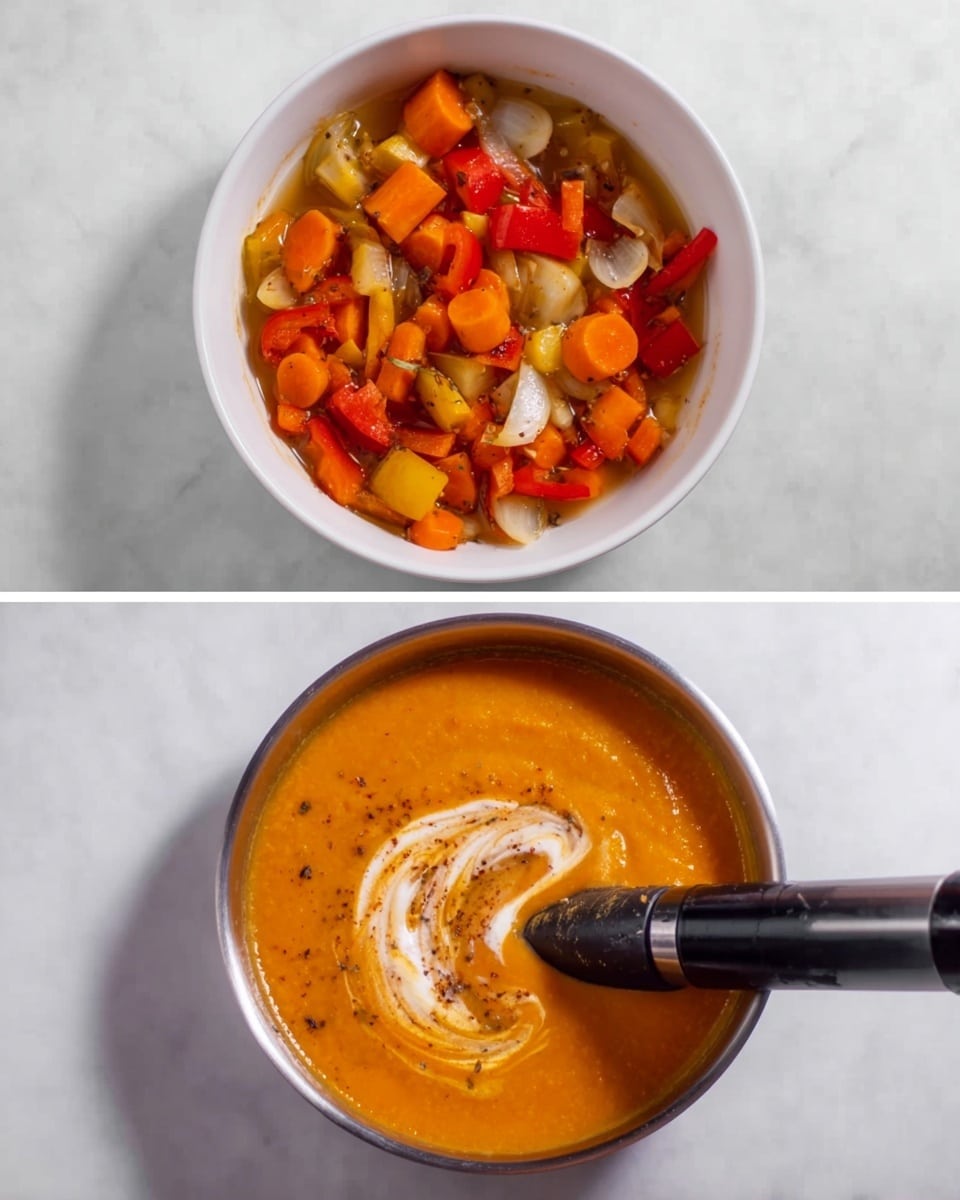 The first image shows a round white bowl filled with a mix of cooked vegetables including orange carrots, red and yellow bell peppers, and white onions, all sitting in clear broth. In the second image, the bowl now contains smooth orange soup with a light swirl of cream on top, and a black immersion blender resting inside. Both bowls are placed on a white marbled surface. photo taken with an iphone --ar 4:5 --v 7