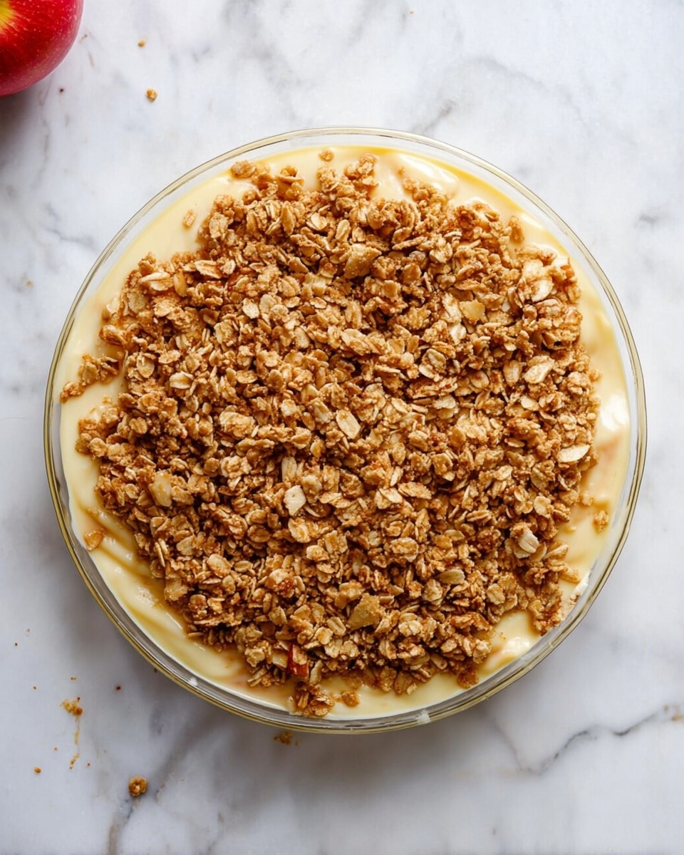 The image shows a clear round dish filled with a two-layer dessert on a white marbled surface. The bottom layer is smooth and creamy in a light yellow color, visible around the edges. The top layer is thickly covered with a golden-brown oat crumble, roughly textured with visible oats and small nut pieces. The dish is centered in the frame with a small red apple visible at the top left corner. Photo taken with an iphone --ar 4:5 --v 7