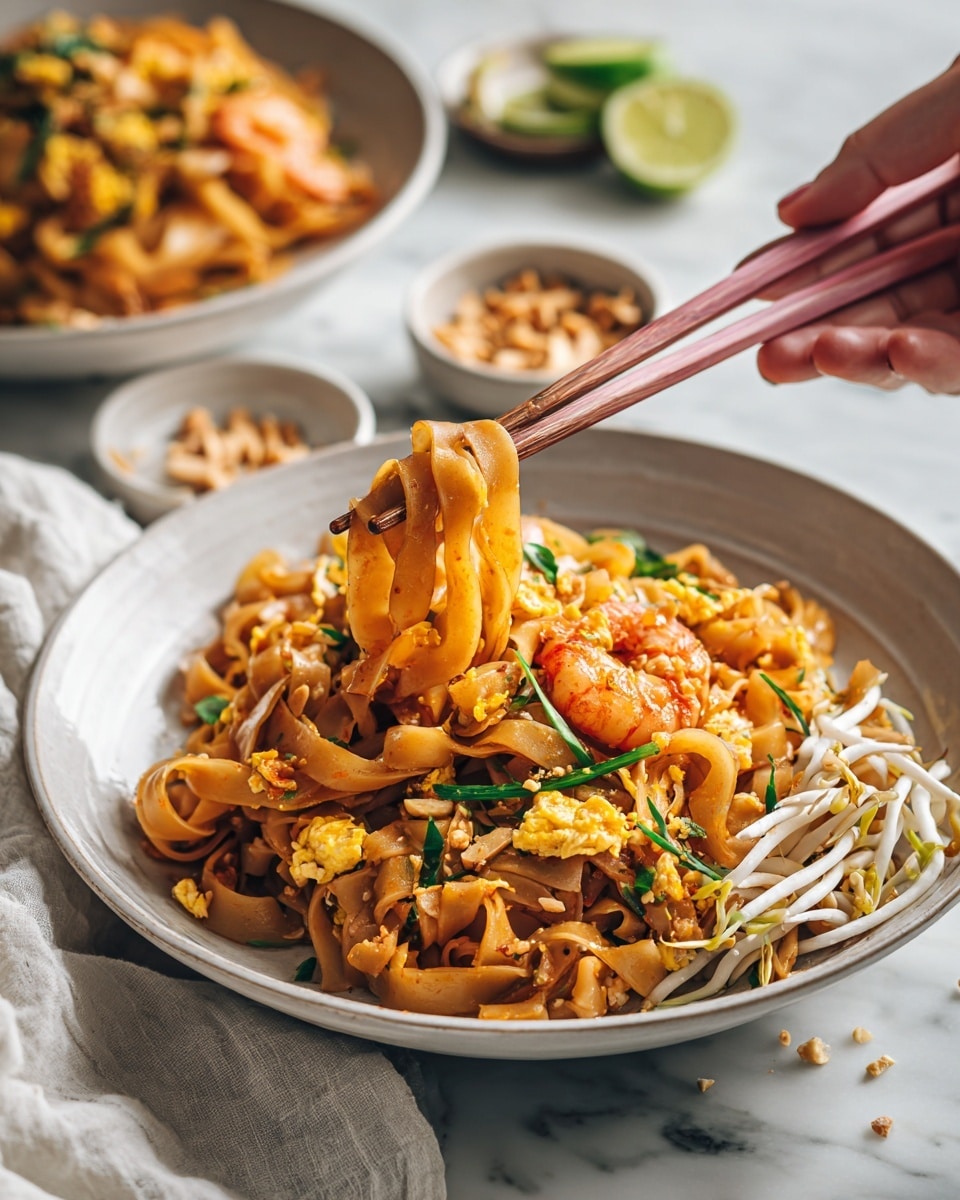 A close-up view of a dish with thick, flat, light brown noodles lifted by a pair of pink and wooden chopsticks held by a woman's hand. The noodles are mixed with orange cooked shrimp, small pieces of light yellow scrambled egg, green chopped onions, and bean sprouts on the right side. The food is served in a shallow white bowl sitting on a white marbled surface with a white cloth napkin on the left. In the background, there is another bowl of the same dish slightly out of focus, along with small white dishes holding crushed peanuts and lime wedges. Photo taken with an iphone --ar 4:5 --v 7