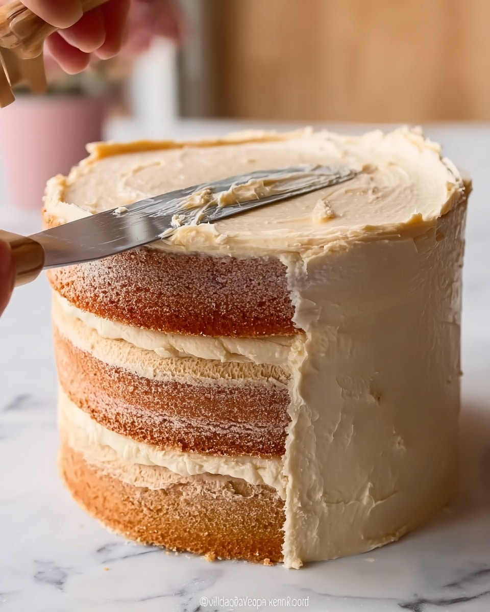 A close-up view of a multi-layered cake with three visible layers of light brown sponge stacked on top of each other. Between each cake layer and on the outside surface, there is a thick, smooth layer of creamy beige frosting. A woman's hand is seen holding a wide spatula spreading the frosting evenly around the cake’s side, creating a soft textured edge. The setting has a white marbled surface underneath the cake, and the background is softly blurred, focusing attention on the cake. photo taken with an iphone --ar 4:5 --v 7