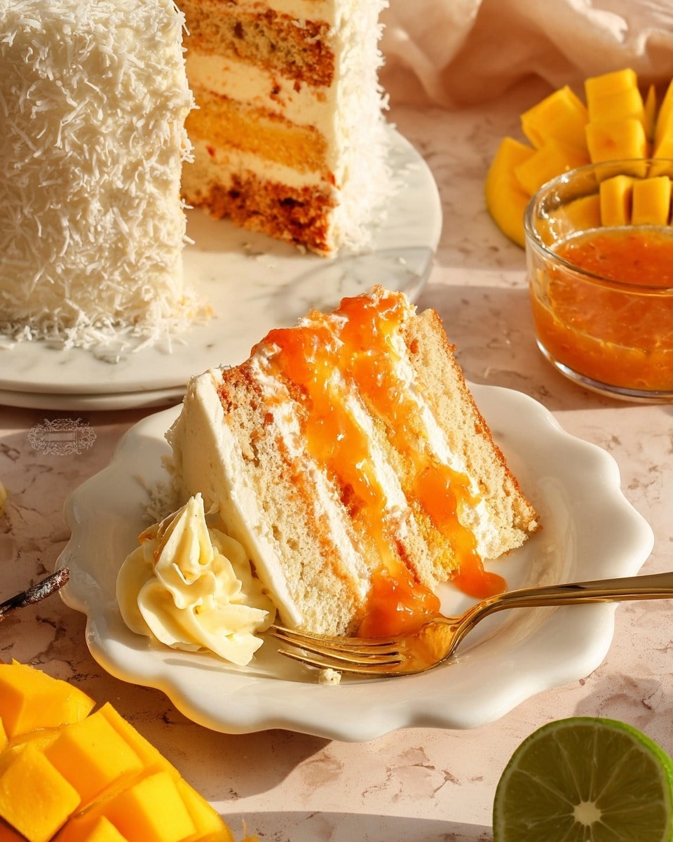 A slice of layered cake with three visible layers sits on a white plate with a scalloped edge. The cake layers are light orange and beige with creamy white frosting between them. Bright orange sauce is drizzled unevenly over the cake slice, adding a shiny texture. A swirl of pale yellow cream is placed next to the cake, topped slightly with the same orange sauce. A gold fork rests on the plate’s edge. In the background, part of the whole cake covered in white shredded coconut is visible, along with cubed bright yellow mango, a lime half, and a small glass bowl filled with orange sauce. The setting is on a white marbled surface with a soft, warm light. Photo taken with an iphone --ar 4:5 --v 7