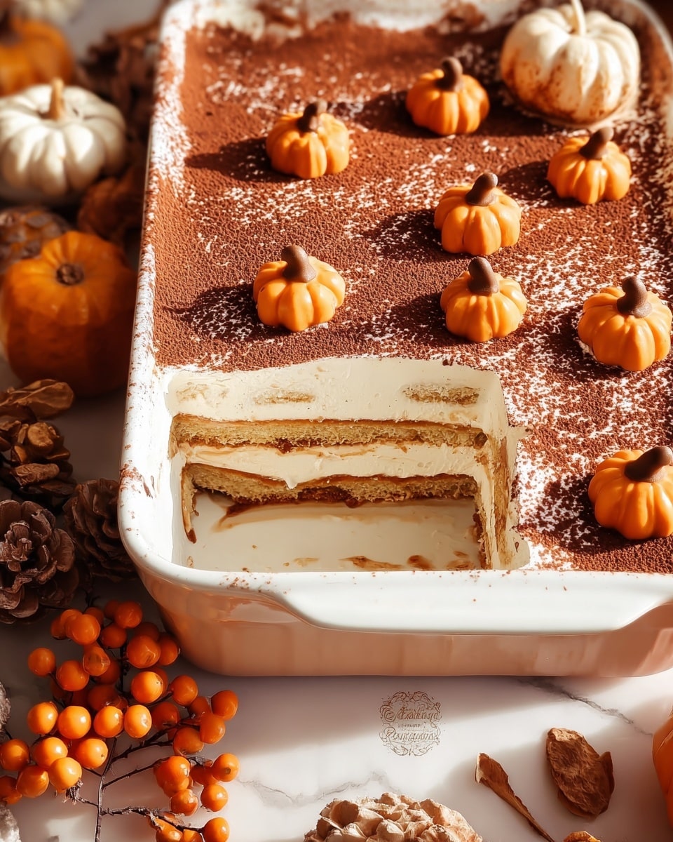 The image shows a layered pumpkin dessert in a white baking dish with one slice removed and placed back at an angle. The dessert has about four layers: a light brown base, cream-colored thick middle layers, and a dusting of cocoa powder on top. On the surface, there are small, bright orange dollops shaped like pumpkins with little brown stems, evenly spaced. The dish is set on a white marbled surface with orange berries, small soft pumpkins, cotton, and pinecones for decoration around it. The light is warm, giving the scene an autumn feel photo taken with an iphone --ar 4:5 --v 7