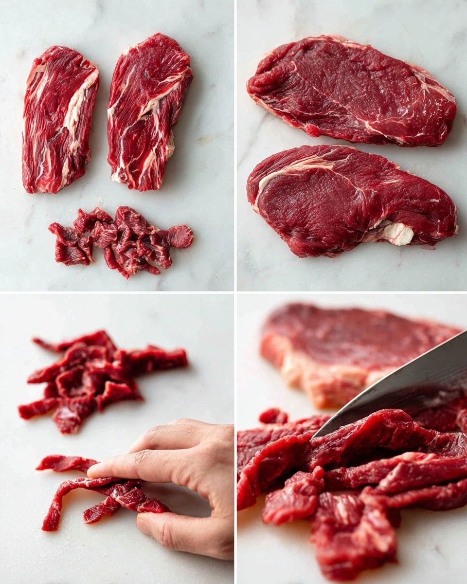 The image shows a collage of four shots on a white marbled surface, featuring raw red beef with white marbling. The top section has two whole steak pieces side by side, showing a smooth texture with some white fat. The bottom left section shows small thin strips and small pieces of beef arranged in two separate piles. The bottom right section has a close-up of a knife slicing long, twisted thin strips of beef from a larger piece. The middle left section shows a woman's hand pressing down on one steak piece flat with a fist, highlighting the texture and thickness. Photo taken with an iphone --ar 4:5 --v 7