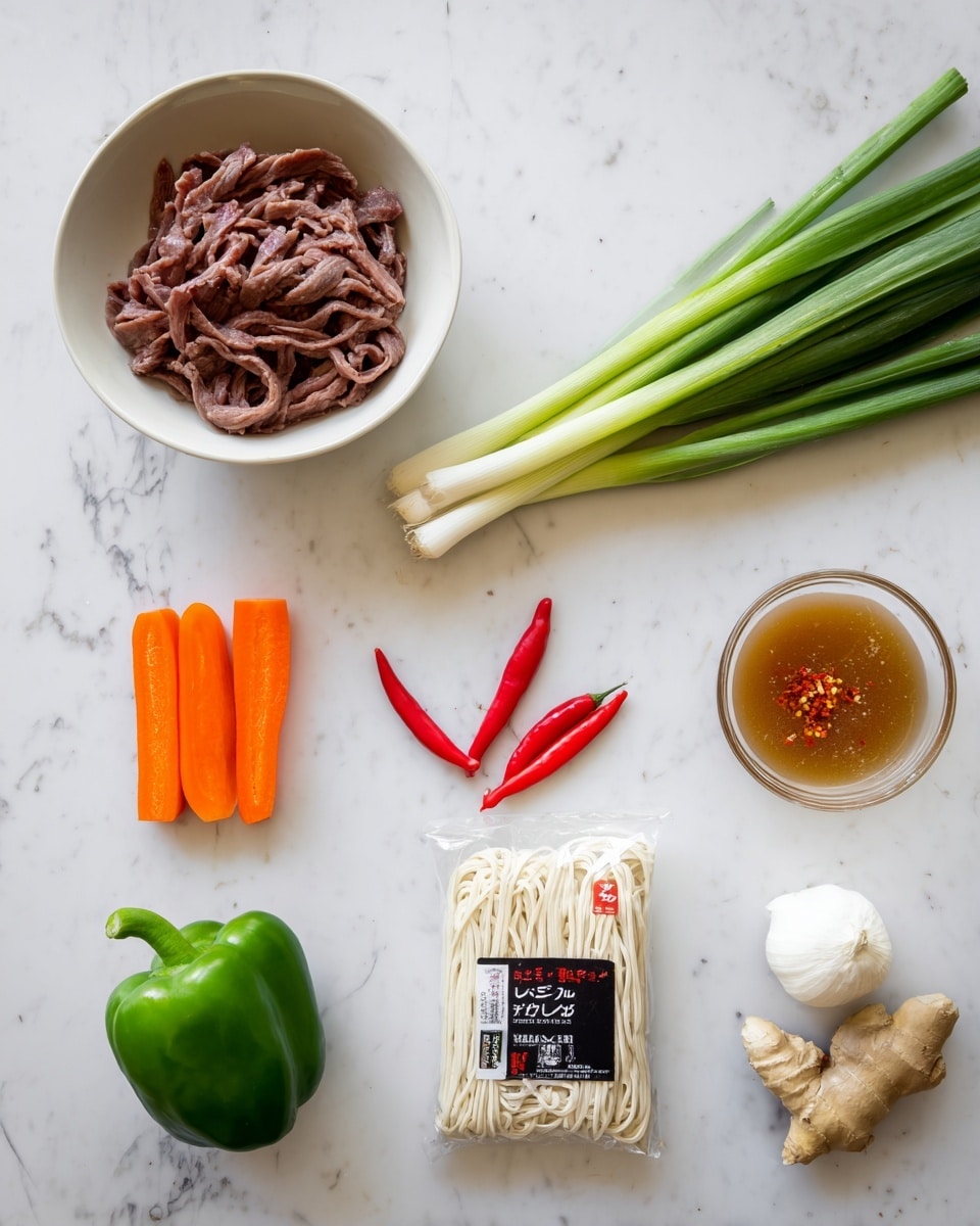 The image shows a white marbled surface with several ingredients neatly placed apart from each other. On the top left is a white bowl filled with thin strips of raw brown meat. Below this bowl, there are four long green spring onions with white ends. In the center of the image, there is a bright orange carrot, while near the bottom center is a shiny green bell pepper. On the top right, a small transparent bowl contains a light brown sauce with visible chili flakes. Below it, there is a sealed white and transparent package of udon noodles with black and red labeling. Near the bottom right corner, a piece of light brown ginger is placed next to two white garlic cloves. Three bright red chili peppers lie together near the center, above the carrot. The photo taken with an iphone --ar 4:5 --v 7