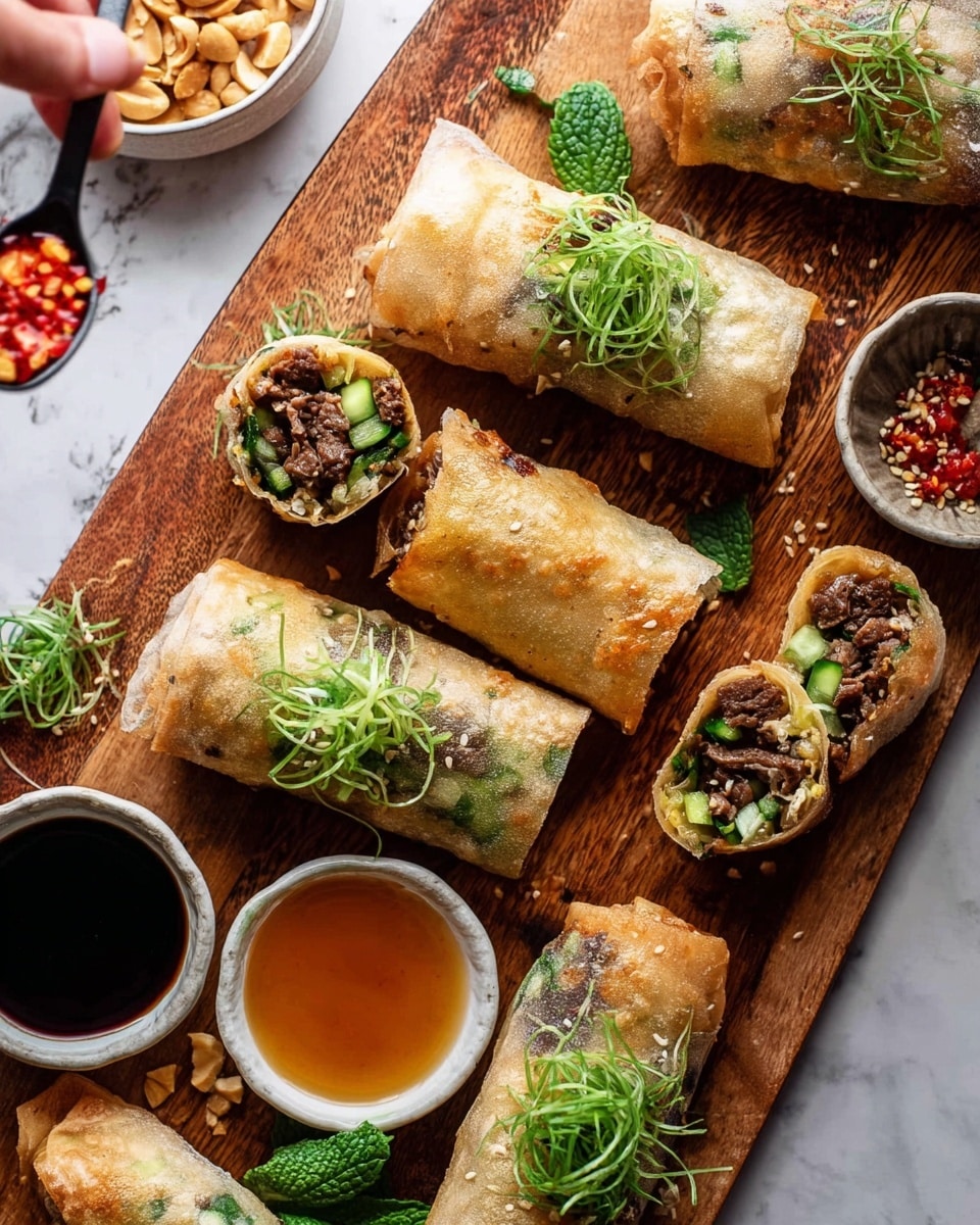 The image shows several spring rolls on a wooden board, some whole and some cut to show the filling inside. The spring rolls have a light golden, crispy outer layer that looks thin and slightly bubbled. Inside, the layers include dark brown cooked beef, bright green cucumber pieces, fresh green herbs, and small bits of white and red spices. Some spring rolls are topped with fresh green herb strands. Around the board, there are small white bowls with sauces: one light amber sauce with sesame seeds, a dark soy-like sauce, and another bowl with peanuts. A woman's hand holding a spoon with red chili flakes is seen near the top left. The background is a white marbled texture. Photo taken with an iphone --ar 4:5 --v 7