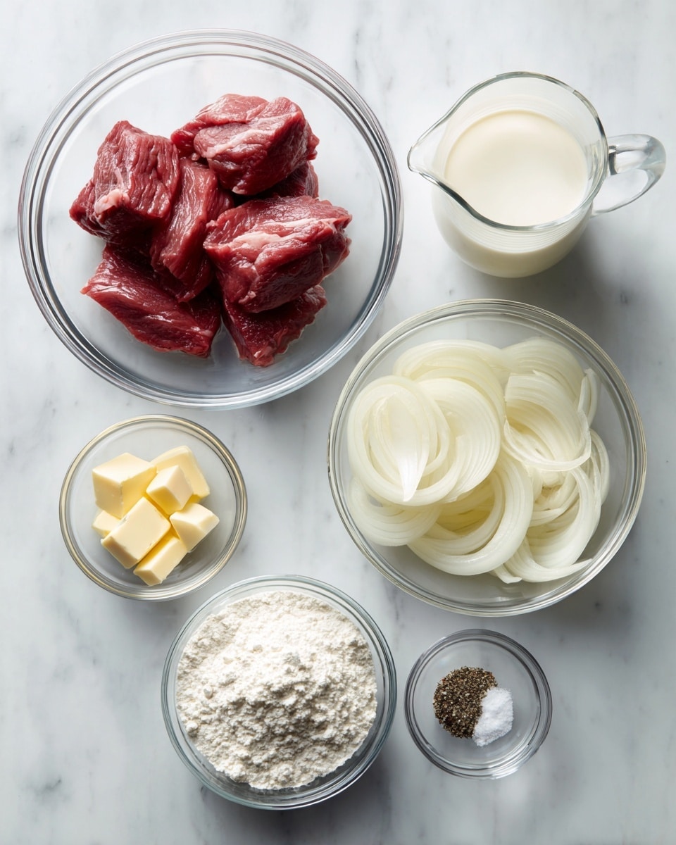The image shows six clear glass bowls and a small cup arranged on a white marbled surface. One large bowl on the left contains several pieces of dark red meat with a smooth texture and some marbling. To the right of it, a medium bowl holds several thick, white onion slices submerged in water. Above these bowls, there is a small glass jug filled with white milk. Below that jug are three small cubes of yellow butter inside a tiny clear bowl. At the bottom left, a larger bowl is filled with white flour that looks soft and powdery. Finally, next to it on the right is a very small clear bowl holding salt and black pepper. Photo taken with an iphone --ar 4:5 --v 7
