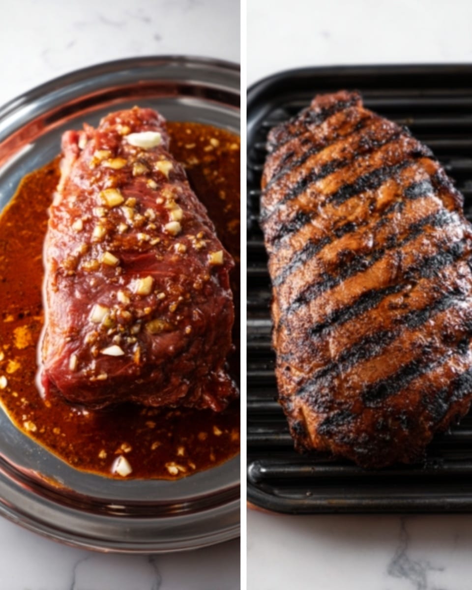 The image shows two close-up views of a meat piece side by side. On the left, the meat is raw, placed on a shiny silver tray on a white marbled surface, covered with a thick reddish-brown sauce and sprinkled with small white and yellow pieces, likely garlic or spices. On the right, the same meat is grilled with dark brown char marks and a crispy texture, showing a contrast of light and dark brown stripes. The background is a white marbled surface. photo taken with an iphone --ar 4:5 --v 7
