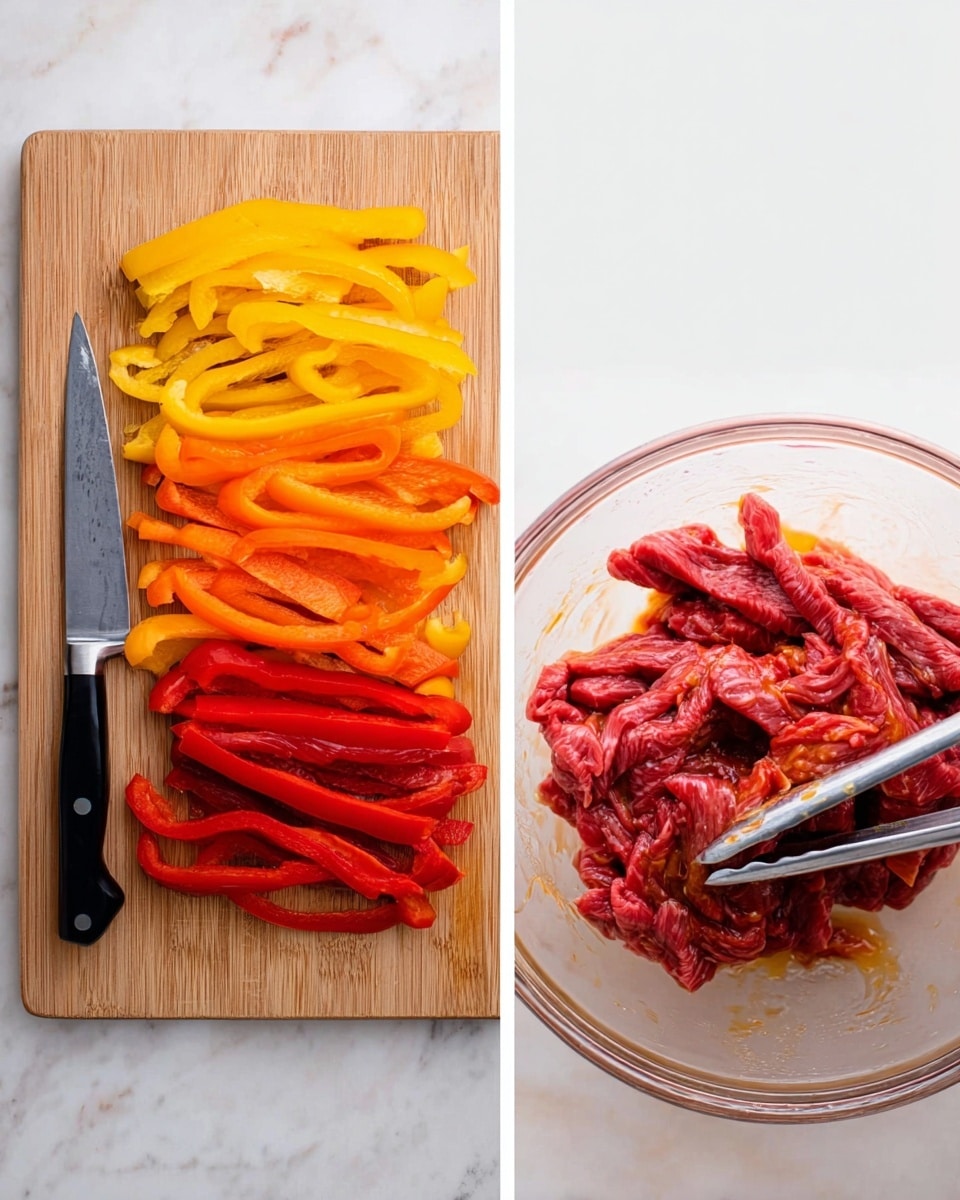 The image is split into two sections. On the left, there is a white marbled surface with a wooden cutting board placed on it. On the board, there are three groups of sliced bell peppers arranged in rows from left to right: yellow, orange, and red. Each group contains thin slices stacked closely together. A knife with a black handle lies on the bottom left corner of the cutting board. On the right side of the image, a clear glass bowl sits on a white marbled surface, filled with raw, marinated slices of red meat being mixed with silver tongs. The meat looks glossy and juicy. photo taken with an iphone --ar 4:5 --v 7