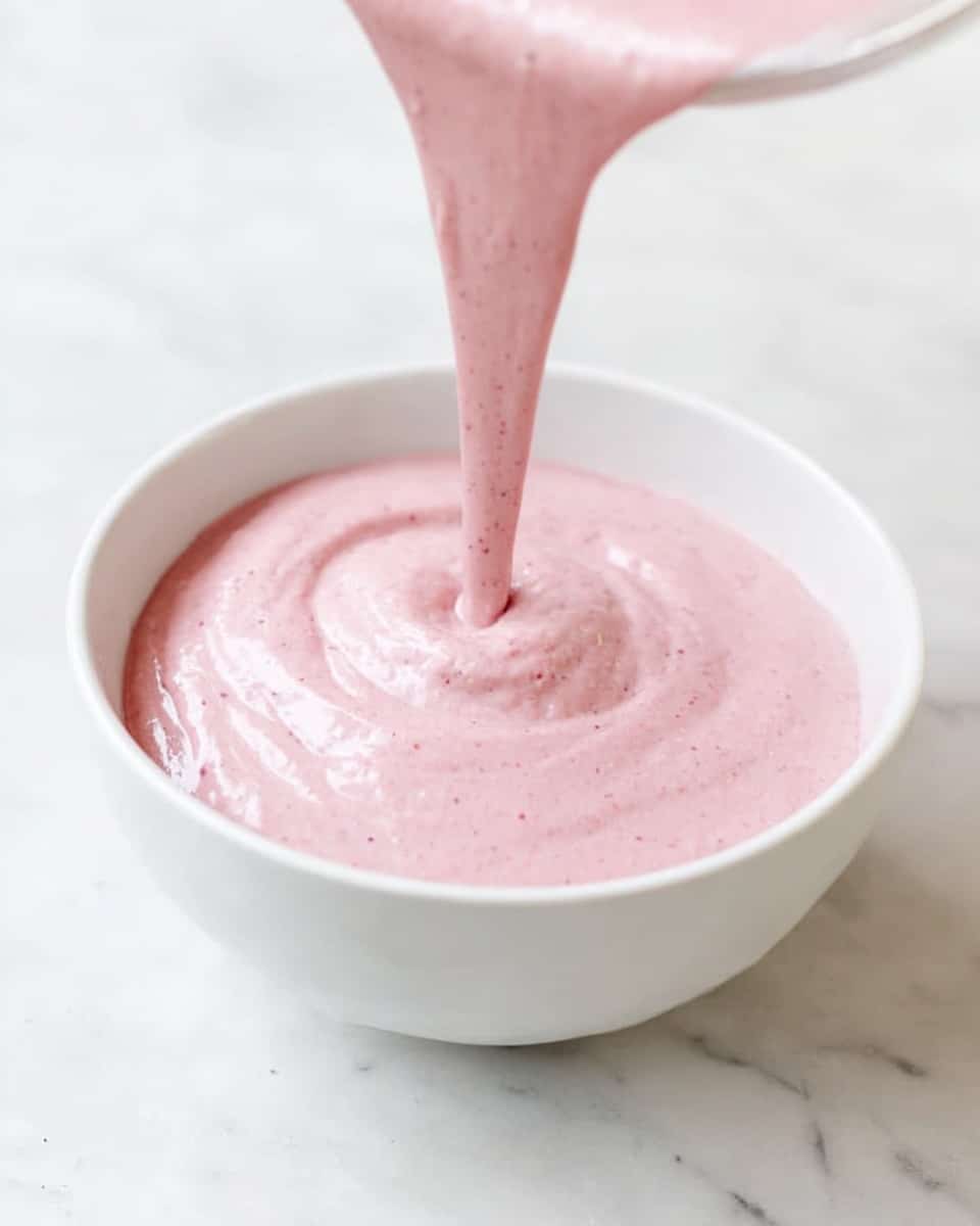 A white bowl filled with a thick, smooth pink mixture that looks creamy and soft. The mixture is being poured into the bowl from above, creating a small raised swirl in the center. The background is a white marbled surface that adds a clean and bright look. The pink mixture has a light, airy texture with tiny darker spots visible inside. Photo taken with an iphone --ar 4:5 --v 7