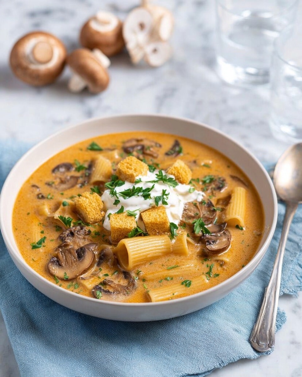 The image shows a bowl of creamy soup with sliced mushrooms and pasta tubes floating in an orange broth. In the center of the soup, there is a dollop of white cream topped with several golden croutons and small green parsley pieces scattered around. The soup is served in a round white bowl, placed on a light blue cloth napkin, and the scene is set on a white marbled surface with a few whole mushrooms and a glass of water in the background. A metal spoon rests to the right of the bowl. Photo taken with an iphone --ar 4:5 --v 7