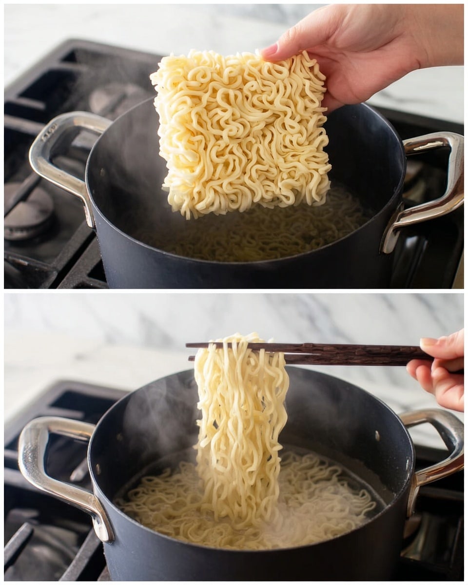In the first image, a woman's hand is holding a block of pale yellow instant noodles above a black pot filled with boiling water on a stove, steam rising from the pot. The noodles are tightly curled and dense. In the second image, dark chopsticks lift a bundle of soft, pale yellow noodles from the same boiling water in the black pot. The stove and white marbled background are visible in both images. photo taken with an iphone --ar 4:5 --v 7