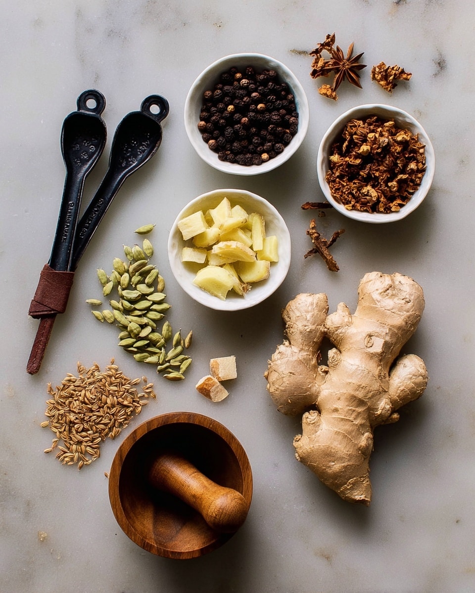 The image shows a flat lay of various spices and kitchen tools on a white marbled surface. There is a large piece of fresh ginger root on the right side, with clusters of whole black peppercorns, cloves, cardamom pods, cinnamon sticks, diced dried ginger, and green fennel seeds scattered around it. There are three white bowls holding dried ginger chunks, whole black peppercorns, and fennel seeds arranged from the top left to bottom left. In the bottom right corner, a small wooden mortar and pestle sit next to the spices. On the top left are black measuring spoons held together with a leather strap, placed diagonally. The photo has a simple, rustic feel and warm natural lighting. Photo taken with an iphone --ar 4:5 --v 7