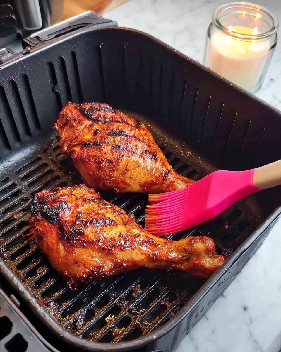 Two cooked chicken legs with a reddish-brown grilled surface lie in a black air fryer basket with vertical slits. One chicken leg is being brushed with a shiny sauce using a bright pink brush held by a woman's hand from the right side of the frame. In the background, there is a glass candle on a white marbled surface. Photo taken with an iphone --ar 4:5 --v 7