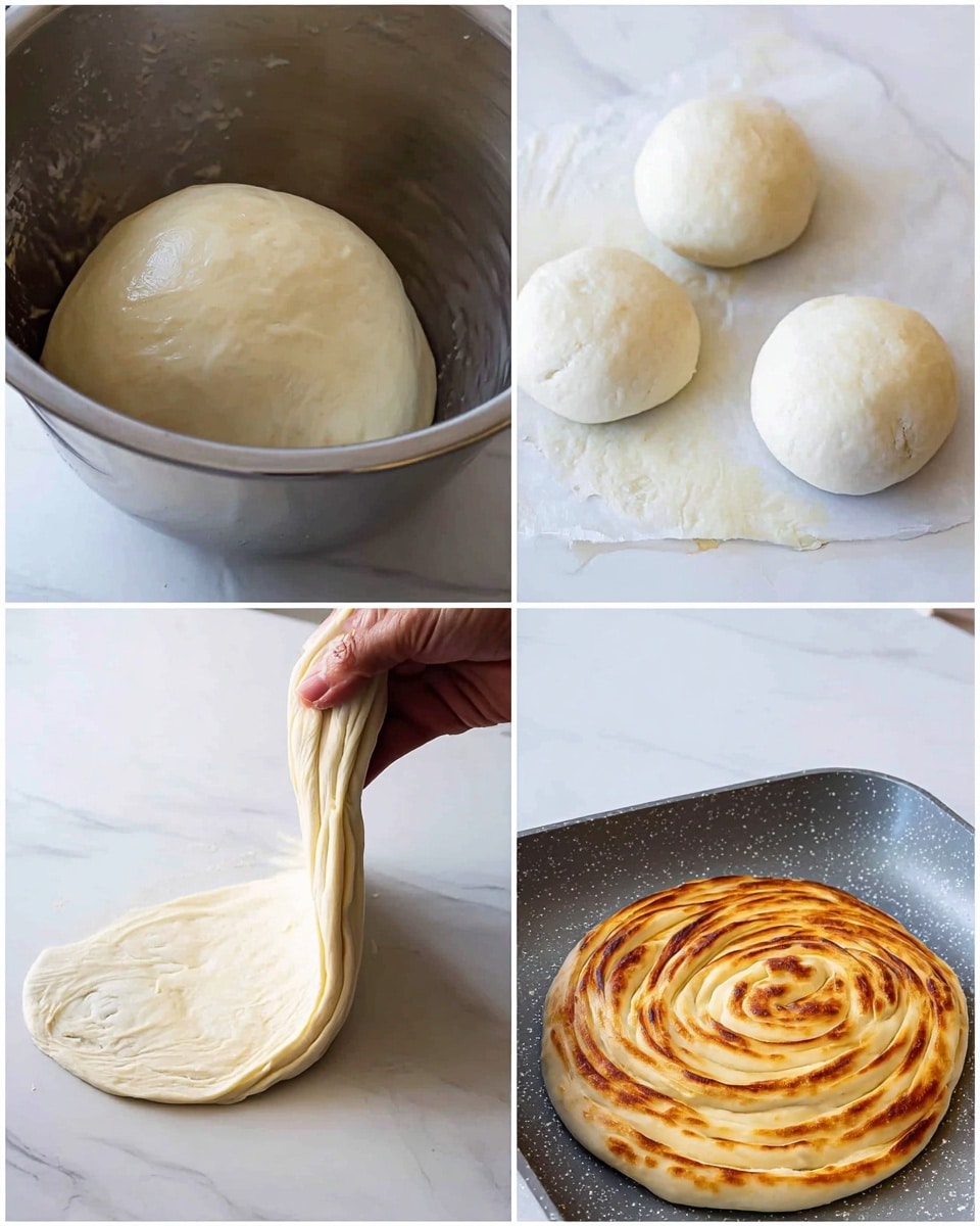 The sequence shows dough being made into a layered flatbread. First, a pale dough is seen inside a silver mixing bowl, moving as it is mixed. Next, three smooth, round dough balls with a light sheen sit on a white marbled surface. One dough ball is then stretched thin and uneven in shape, showing a smooth texture on the same white marbled background. Following this, a woman's hands hold and stretch the dough into a long, layered strip with visible folds and light coloring. Then, the dough strip is coiled into a spiral on the white marbled surface, showing the smooth layers stacked closely. Finally, the spiral dough is cooked to a golden brown on a speckled gray pan, with a slightly crispy surface and uneven browning. photo taken with an iphone --ar 4:5 --v 7