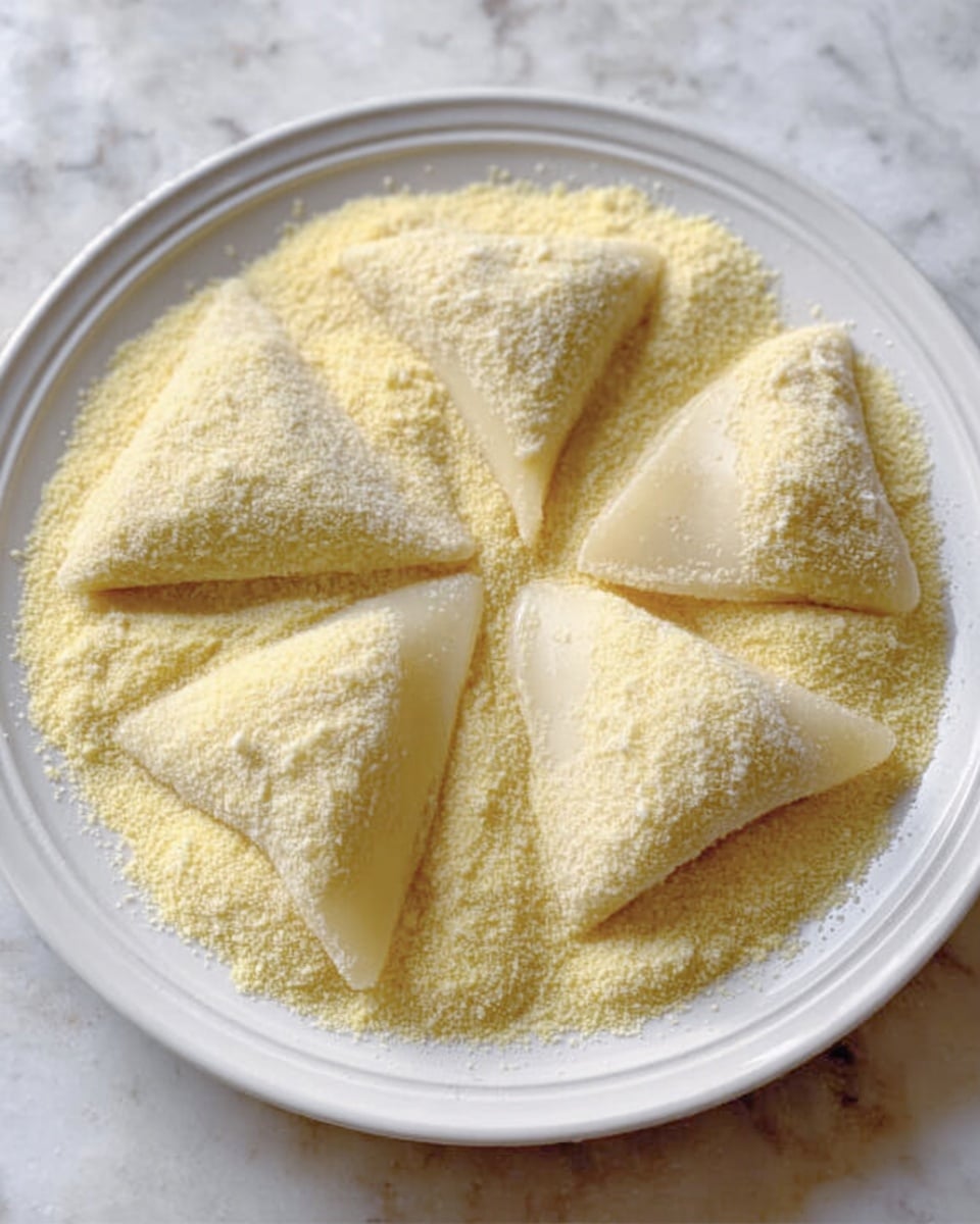 A white plate filled with fine yellow cornmeal covered by five pieces of pale, triangular dough arranged in a circle on the surface. The dough is smooth with a slight gloss, each piece resting partially buried in the cornmeal. The background is a white marbled surface. Photo taken with an iphone --ar 4:5 --v 7