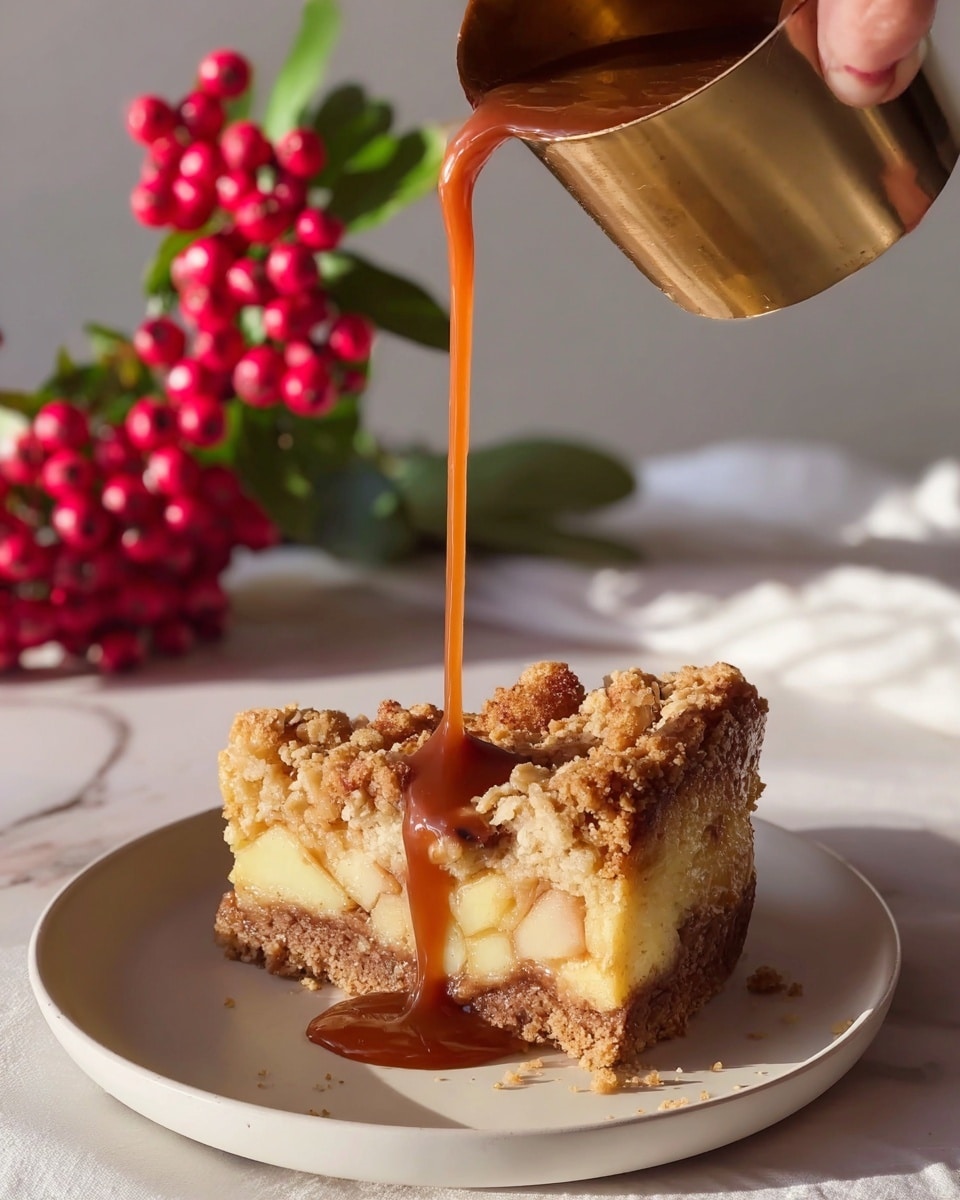 A slice of crumb-topped apple cake sits on a white plate. The cake has three visible layers: a golden-brown crumbly top with small oat-like pieces, a light yellow creamy middle layer dotted with soft apple chunks, and a darker brown crust at the bottom and on the sides. A rich caramel sauce is being poured in a smooth stream from a brass container onto the crumb topping. In the background, there are bright red berries with green leaves on a woman’s hand, all set on a white marbled surface. Photo taken with an iphone --ar 4:5 --v 7