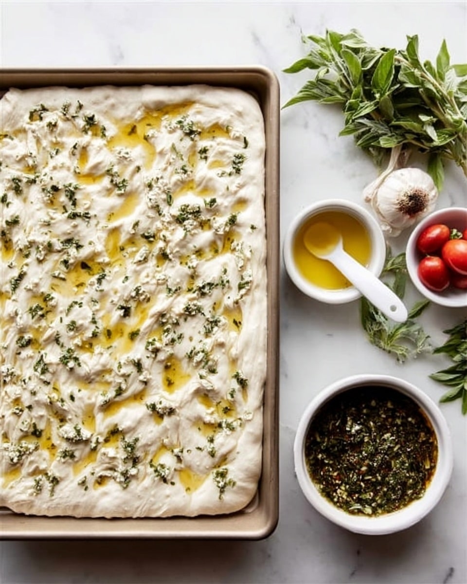 The image shows two parts side by side on a white marbled surface. On the left, there is a small white bowl with green chopped herbs, next to a jar with a brown brush dipped in a yellow oily sauce, some garlic cloves, fresh green leaves, and some red tomatoes in the corner. On the right side, there is a white rectangular pan filled with a dough that is topped with drizzles of yellow oil and sprinkled green herbs spread evenly across the surface. photo taken with an iphone --ar 4:5 --v 7