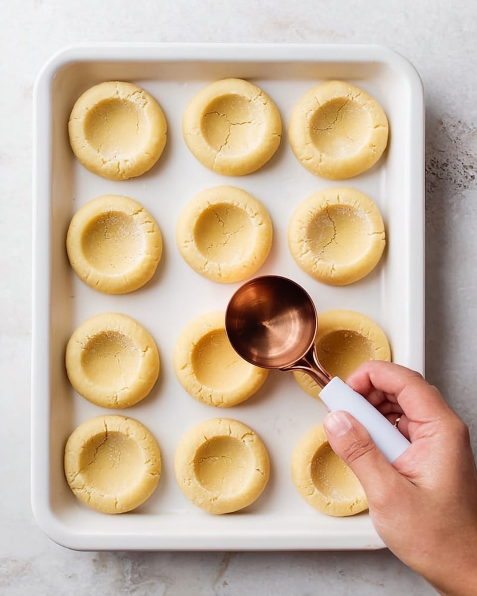 The image shows a white baking tray filled with 15 light yellow cookie dough rounds, each with a small round hollow pressed in the center. A woman's hand is holding a small copper round scoop with a white handle, pressing it into one of the dough rounds to create the hollow. The dough rounds have small cracks around the edges, giving them a slightly rough texture. The background surface is a white marbled texture. photo taken with an iphone --ar 4:5 --v 7