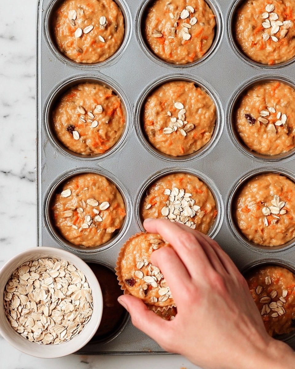A metal muffin tray filled with 12 raw carrot muffin batters that have a light orange color with small brown spots, possibly raisins or nuts inside. Each muffin cup shows a thick, smooth texture topped with some scattered raw oats. In the lower right corner, a white bowl holds more raw oats. A woman's hand is sprinkling oats onto one muffin cup, adding a natural touch. The background and surface under the tray have a white marbled texture. photo taken with an iphone --ar 4:5 --v 7
