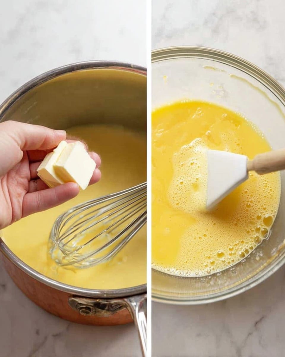 The image is split into two parts: on the left, a woman's hand holds two small pieces of white butter over a shiny copper pot filled with a smooth yellow sauce, with a silver whisk partly immersed in the sauce; on the right, yellow sauce with a slightly thick texture is being stirred with a white spatula inside a clear glass bowl placed over a white marbled surface, with small bubbles visible on the sauce's surface. photo taken with an iphone --ar 4:5 --v 7