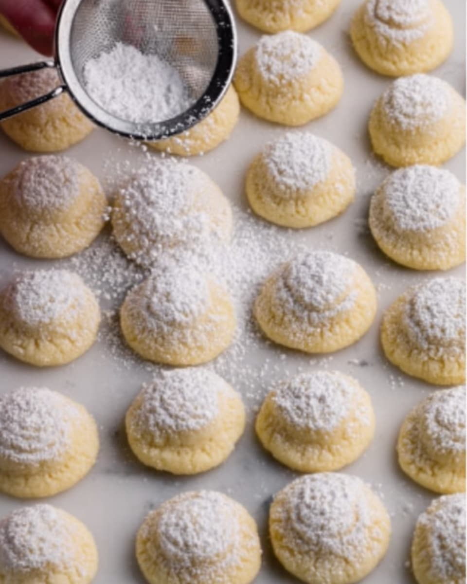 The image shows many small round cookies arranged closely together on a white marbled surface. Each cookie is pale yellow with a soft texture and has a light dusting of white powdered sugar on top. A woman's hand holding a small metal sieve is sprinkling powdered sugar over the cookies, creating a fine white layer that looks fluffy and delicate. The cookies have a subtle indentation in the center, giving them a slightly puffed shape. photo taken with an iphone --ar 4:5 --v 7