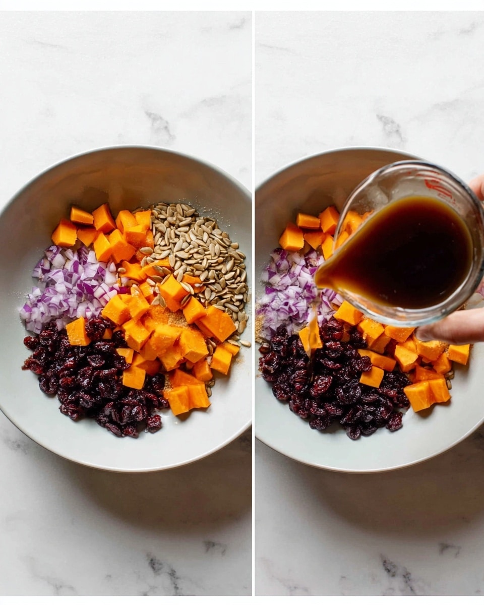 A white bowl sits on a white marbled surface, filled with separate layers of ingredients arranged side by side: bright orange small sweet potato cubes, light brown sunflower seeds, dark red dried cranberries, finely chopped purple onions, and a small pile of light beige brown sugar. In the second image, a woman's hand is pouring a dark brown liquid from a clear measuring cup over the ingredients in the white bowl. The overall look is colorful and fresh with distinct layers. photo taken with an iphone --ar 4:5 --v 7