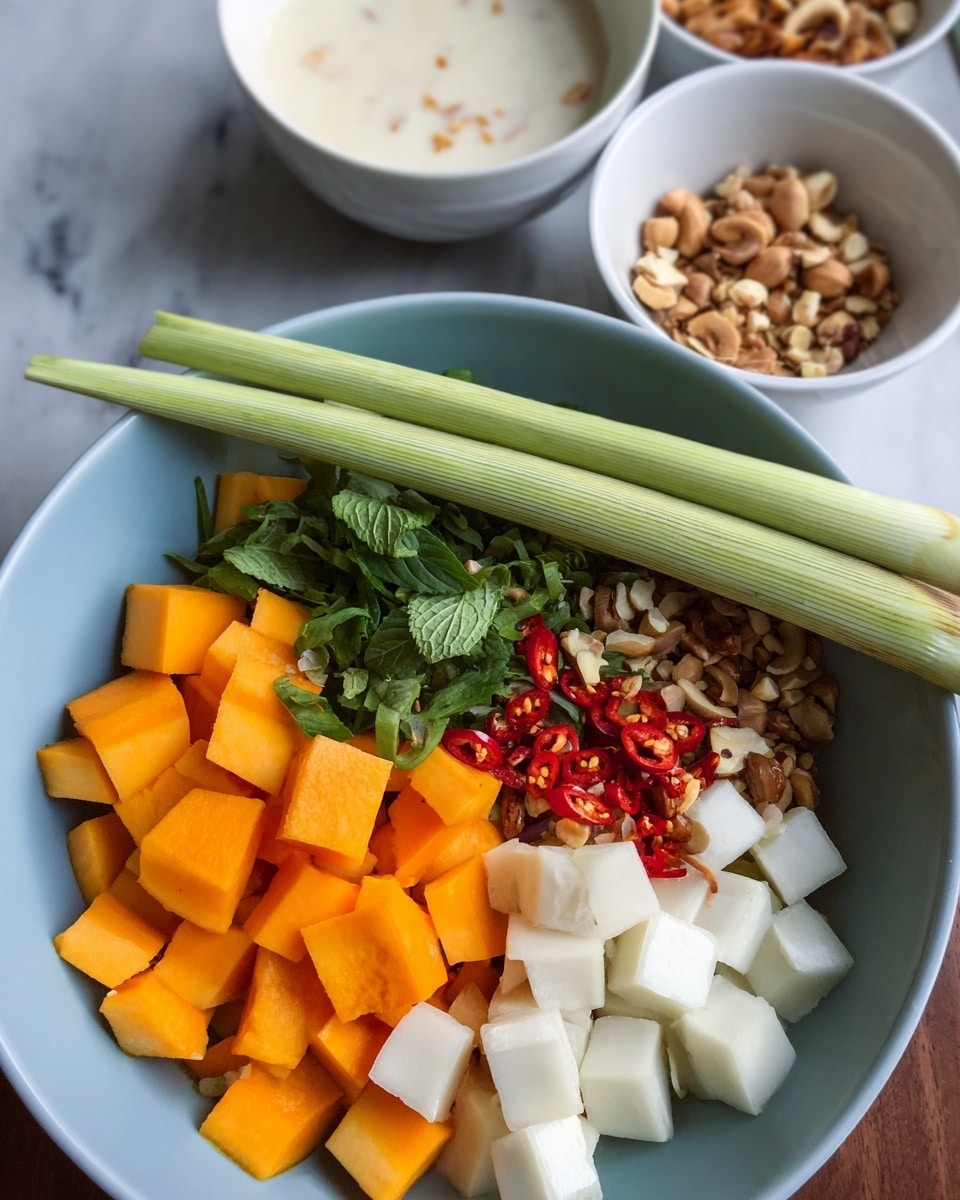 A light blue bowl holds several layers of colorful ingredients arranged neatly: bright orange cubed squash on the left, white cubed root vegetable on the right front, a mix of chopped red chili peppers in the middle, some chopped nuts, fresh green herbs on the right side, and a few long pale green lemongrass stalks resting on top. In the background, two white bowls sit on a white marbled surface, one filled with a creamy white sauce and the other with some brown chopped nuts. Photo taken with an iphone --ar 4:5 --v 7