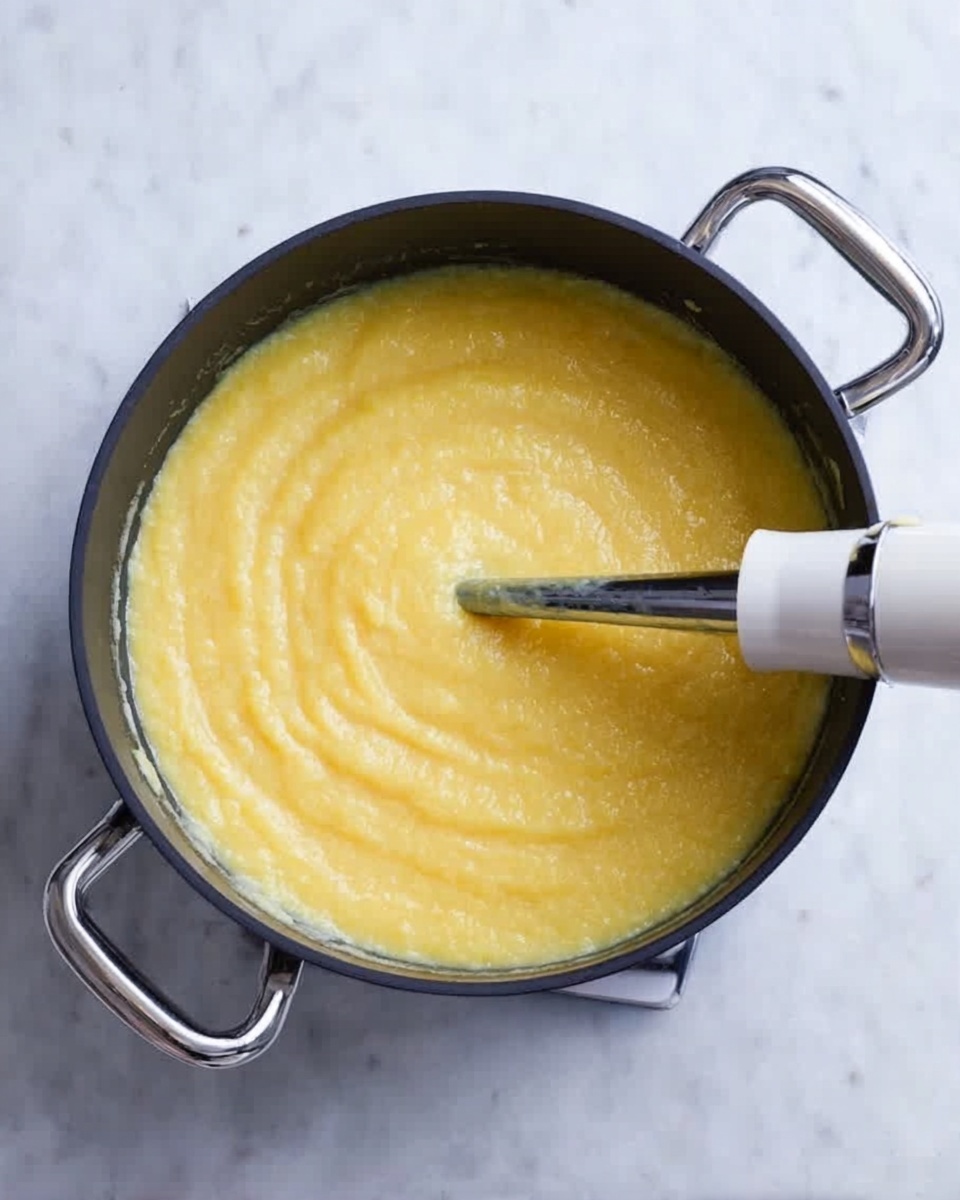A close-up view of a dark pan filled with a thick yellow mixture that looks smooth and creamy. The pan has two handles on each side, and a white and silver blender is partially dipped into the mixture, with the stick part pressing down gently. The background is a white marbled surface that adds a clean and bright look to the scene. The mixture fills almost the entire pan, and the texture looks soft and uniform. photo taken with an iphone --ar 4:5 --v 7