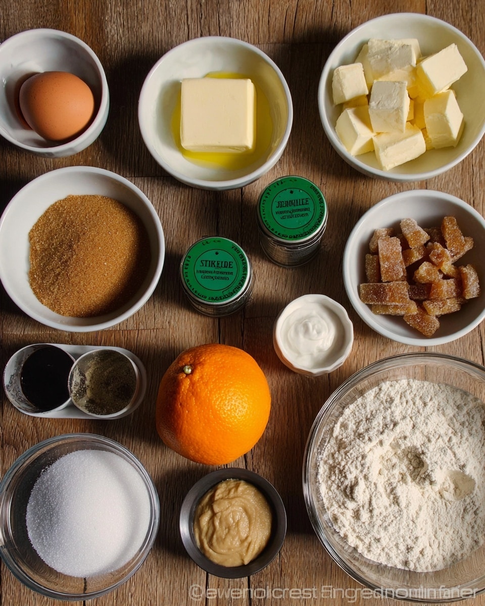 The image shows a wooden surface with various baking ingredients neatly arranged. There are nine white bowls containing different ingredients: one bowl has an egg, another has cubed butter, one holds brown sugar, and another is filled with chunks of candied ginger. Two small green tins labeled cloves and cinnamon are placed in the middle. Additionally, there is a whole orange placed near the center, surrounded by a small white bowl with a beige paste, a bowl with salt, and one with baking soda. A glass bowl with white sugar and another glass bowl with flour are also visible. The overall setup is clean and organized with a mix of textures from powders to solid pieces. Photo taken with an iphone --ar 4:5 --v 7