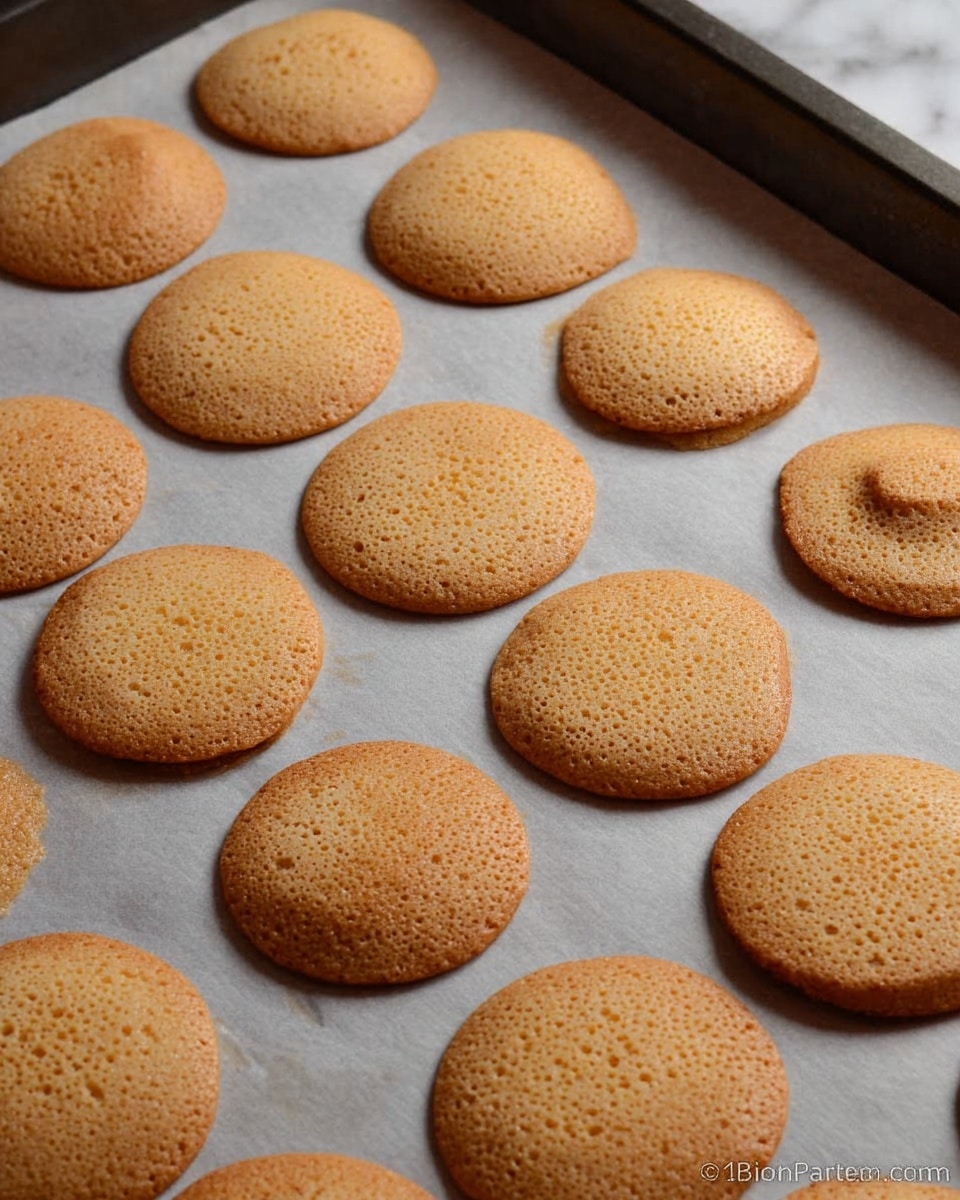 The image shows a baking tray lined with parchment paper holding a single layer of round, small, flat cookies. Each cookie has a light brown color with a slightly bubbly texture on top and a few small darker spots. They are arranged in neat rows, evenly spaced with some slight variations in shape. The surface under the tray is white marbled texture photo taken with an iphone --ar 4:5 --v 7
