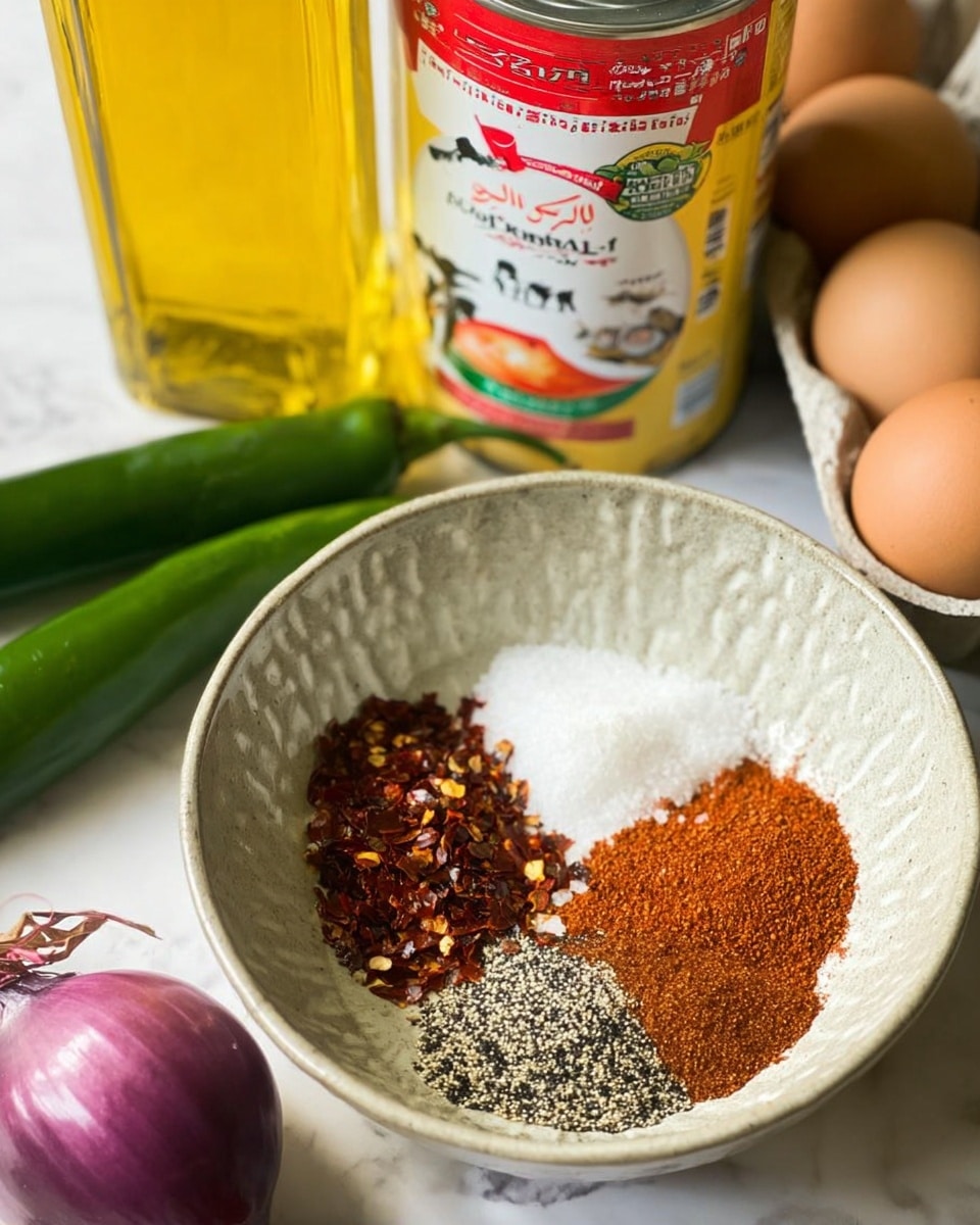 A close-up image showing a small white ceramic bowl with a textured surface, filled with four different spices separated into small sections: coarse pink salt, red chili flakes, a ground reddish-brown spice, and a fine black and white mix. The bowl is placed on a white marbled surface. Behind the bowl, there is a can with a red and white label, a glass bottle of yellow oil on the left, and a carton of eggs on the right side. Two long green chili peppers and a small purple onion are positioned near the bowl. A woman's hand is about to pick one of the items. Photo taken with an iphone --ar 4:5 --v 7
