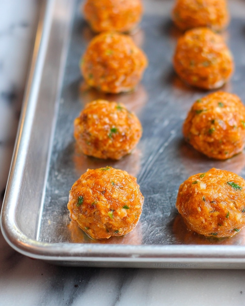 The image shows a close-up of several small, round meatballs on a metal baking tray. Each meatball is orange-brown with small bits of green herbs mixed in, giving them a textured and slightly uneven surface. The meatballs are spaced apart in rows, and the shiny metal tray has a few slight scratches and marks visible. The background under the tray is a white marbled surface. photo taken with an iphone --ar 4:5 --v 7