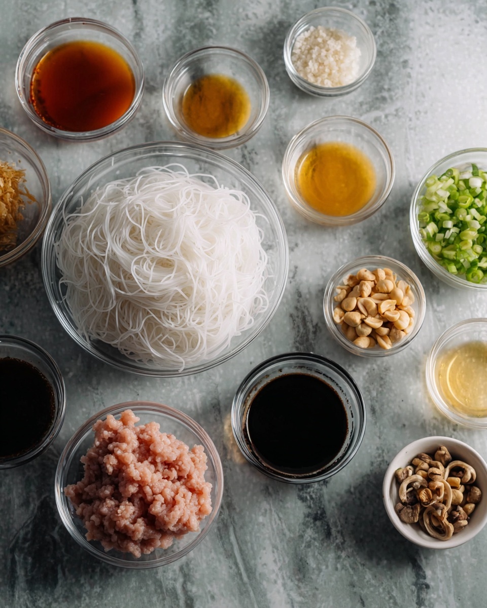 A group of small clear glass bowls arranged on a surface with a white marbled texture, each holding different ingredients. In the bottom left is a bowl full of thin, white, curly rice noodles. Around it, several bowls contain various sauces and spices in dark brown, amber, and pale yellow colors. On the right side, there are small white bowls holding peanuts, green chopped scallions, and light brown mushrooms. Near the center, a clear bowl with light pink ground meat is visible. The colors range from white and pale pink to dark brown and green, all displayed neatly with a cool, muted background. photo taken with an iphone --ar 4:5 --v 7