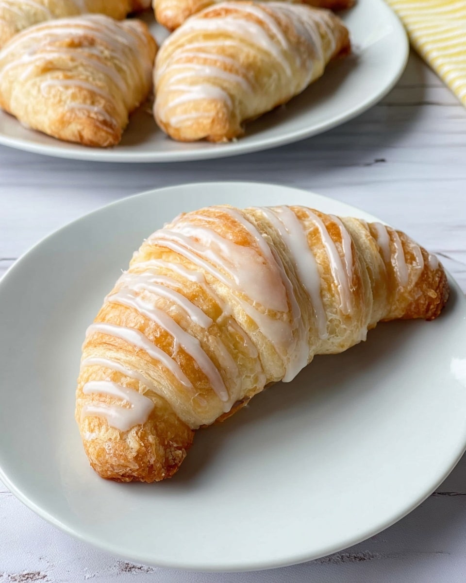 A single crescent-shaped pastry with a light golden-brown color sits on a clean white plate, covered in thin white glaze lines drizzled in a neat pattern across the top, highlighting its layered, flaky texture. In the background, more of the same pastries are arranged on another white plate, all glistening with the same shiny white glaze, placed on a white marbled surface that contrasts softly with the pastries and plates. The scene is bright and simple, focusing on the smooth, curved shapes and the shiny glaze on the pastries, photo taken with an iphone --ar 4:5 --v 7