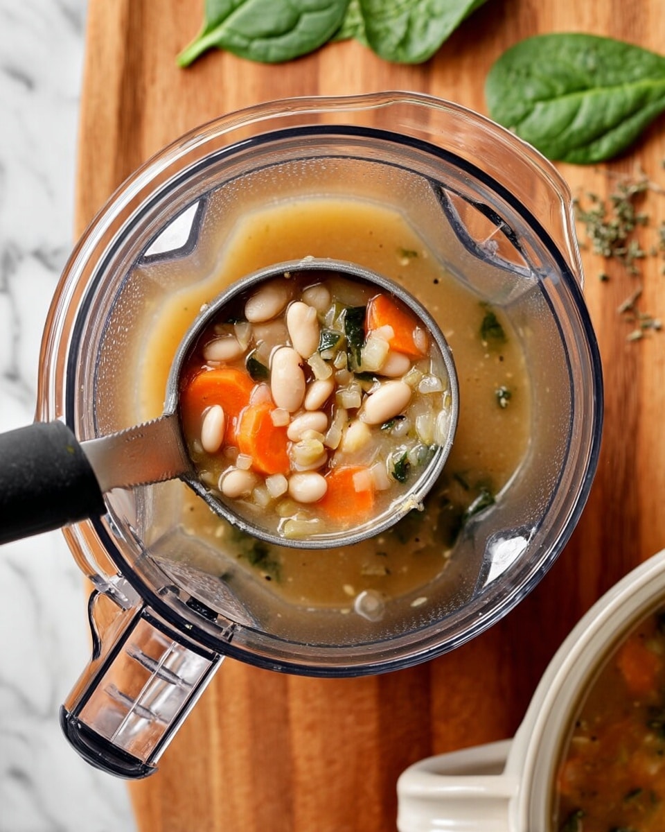A clear blender pitcher is placed on a wooden board with some green spinach leaves nearby. Inside the blender, there is a light brown broth with white beans, diced celery, carrots, and small bits of onion floating in it. A ladle with a black handle lifts a scoop of the soup, showing the chunky white beans, round orange carrot slices, and small pale green celery pieces mixed with herbs. The top right corner shows part of a white pot with more soup visible inside. The background is a white marbled surface photo taken with an iphone --ar 4:5 --v 7