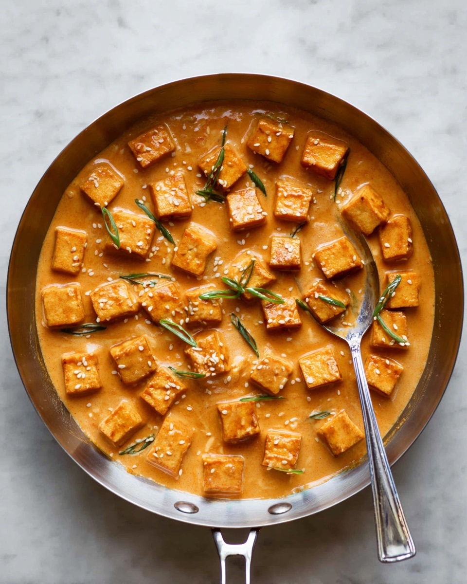 A round silver pan filled with small cubes of orange tofu covered in a thick, creamy orange sauce with a smooth texture. The tofu pieces are scattered evenly across the entire surface of the sauce. Thin green slices of herbs or green onions are sprinkled on top, adding contrast to the orange shades. Small white sesame seeds are lightly scattered over the tofu and sauce. A silver spoon rests on the right side of the pan, partially immersed in the sauce. The pan is placed on a white marbled surface. Photo taken with an iphone --ar 4:5 --v 7