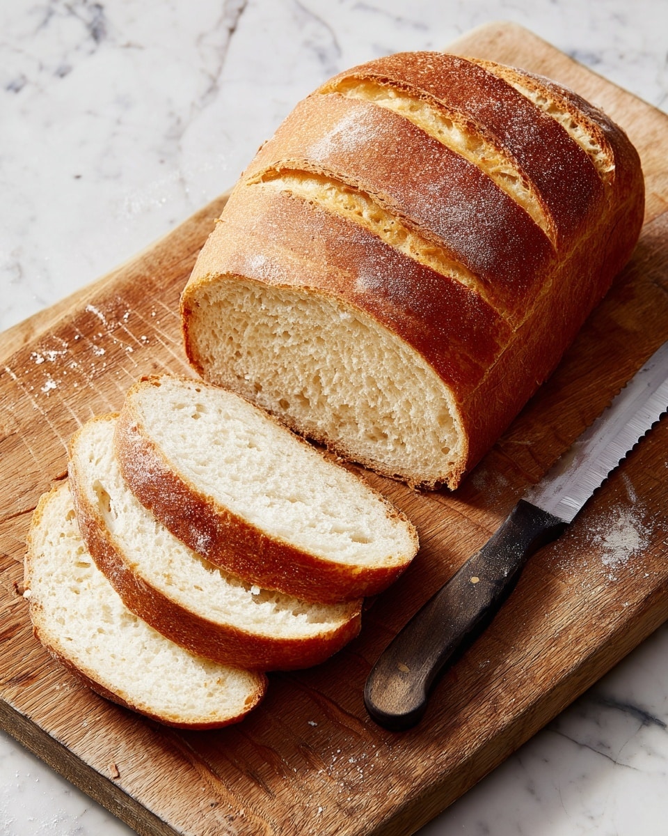 A golden-brown loaf of bread rests on a wooden cutting board with a grainy texture. The loaf features a crusty surface with several shallow slashes along the top. Four slices are cut from one side, revealing a soft, white inside with airy holes. A serrated knife with a black handle lies beside the sliced end of the loaf. The background is a white marbled texture. Photo taken with an iphone --ar 4:5 --v 7