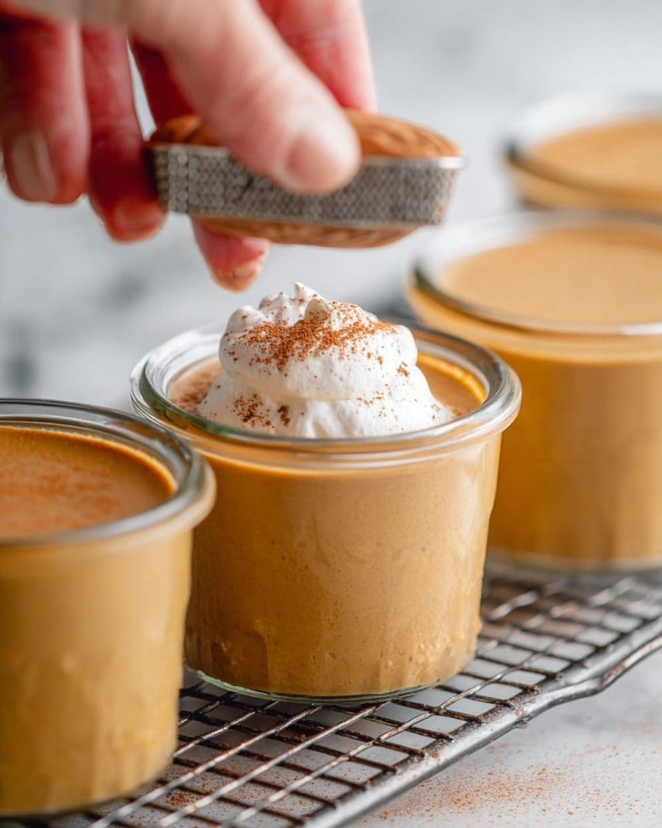 The image shows four small glass jars filled with a smooth, light brown pudding. One jar is topped with a dollop of whipped cream and some fine brown powder. A woman's hand is holding a whole nutmeg and grating it over the jar with whipped cream, with the nutmeg grater held horizontally above it. The jars rest on a wire rack, and the background has a white marbled texture. The focus is on the jar with whipped cream and the woman's hand grating nutmeg, making the texture of the pudding and the topping clear photo taken with an iphone --ar 4:5 --v 7