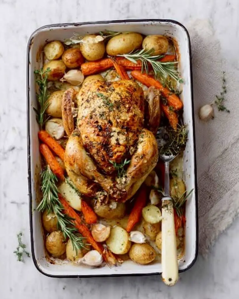 Garlic Herb Butter Roast Chicken with Root Vegetables Recipe