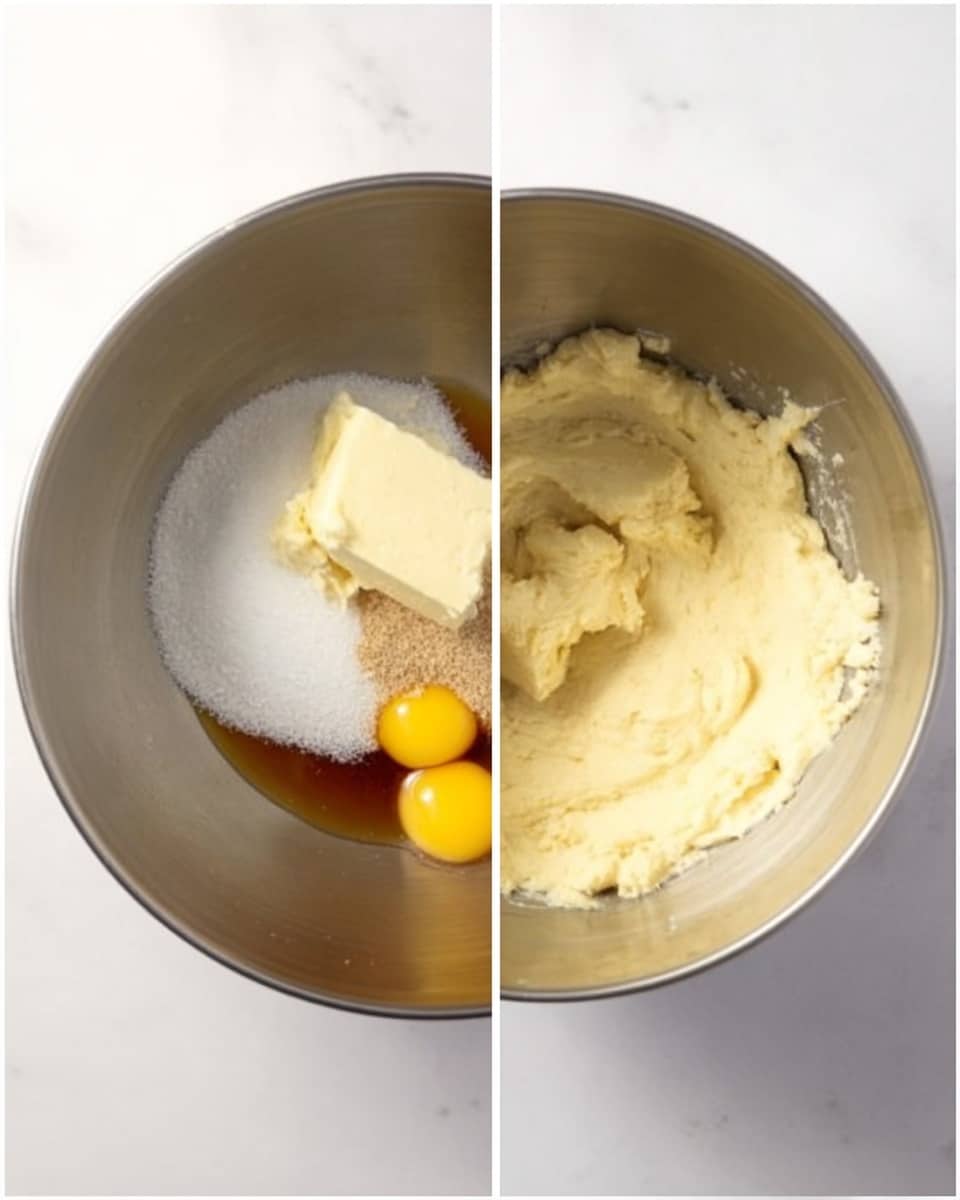 The image shows two side-by-side views of a metal mixing bowl set on a white marbled surface. The left view contains raw ingredients including a large piece of butter, white sugar, two egg yolks, and a small amount of brown liquid flavoring, all unmixed and clearly separated in the bowl. The right view shows the same bowl with the ingredients fully mixed into a creamy, pale yellow, smooth batter with soft texture, evenly spread across the bottom of the bowl. photo taken with an iphone --ar 4:5 --v 7
