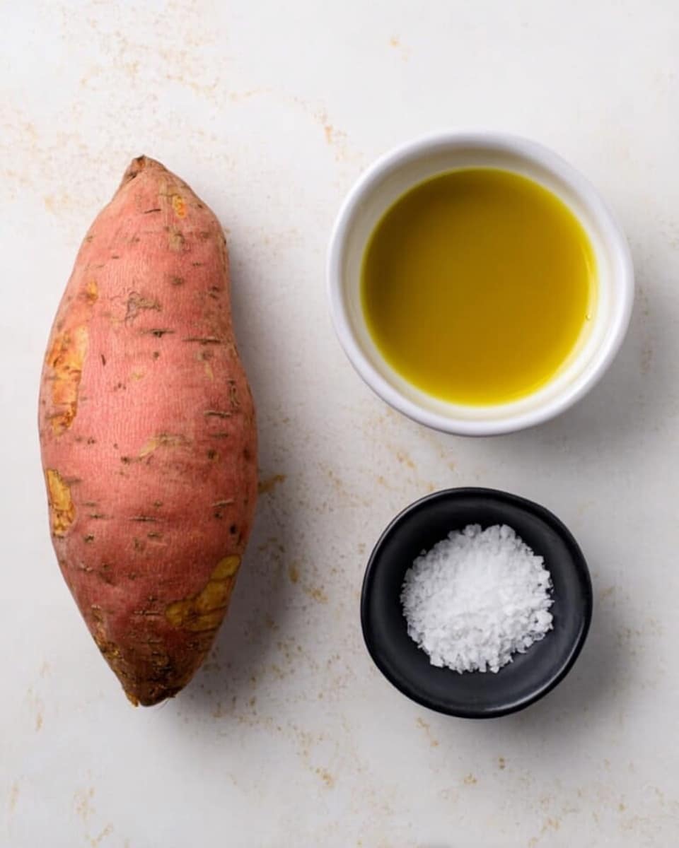 The image shows three items on a white marbled surface: a large, rough-textured sweet potato with reddish-brown skin and some peeling spots on the left, a small white bowl filled with golden-yellow olive oil in the center, and a small black bowl containing coarse white sea salt on the right. The items are neatly spaced in a straight line across the frame. Photo taken with an iphone --ar 4:5 --v 7