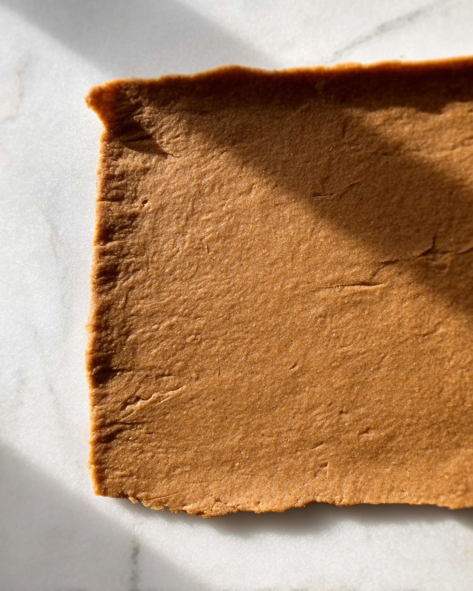 The image shows a single thin, rectangular layer of brown dough or pastry laid flat on a white marbled surface. The dough has a slightly rough and uneven texture with small cracks and creases visible across its surface. The edges of the dough are roughly straight but not perfectly even, suggesting it was rolled out by hand. The lighting is soft and natural, highlighting the warm brown color and texture of the dough. Photo taken with an iphone --ar 4:5 --v 7
