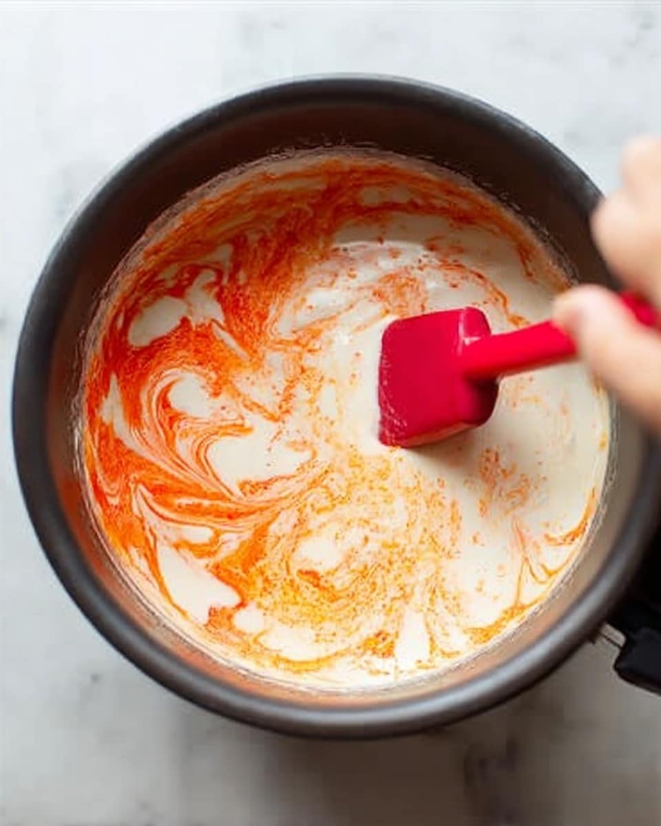 A close-up view of a dark pot filled with a creamy white and orange swirled mixture. The top layer shows a smooth, milky texture mixed with bright orange streaks creating a marbled effect. A woman's hand holds a red silicone spatula, gently stirring the mixture on the right side of the pot. The scene is set on a white marbled surface. Photo taken with an iphone --ar 4:5 --v 7