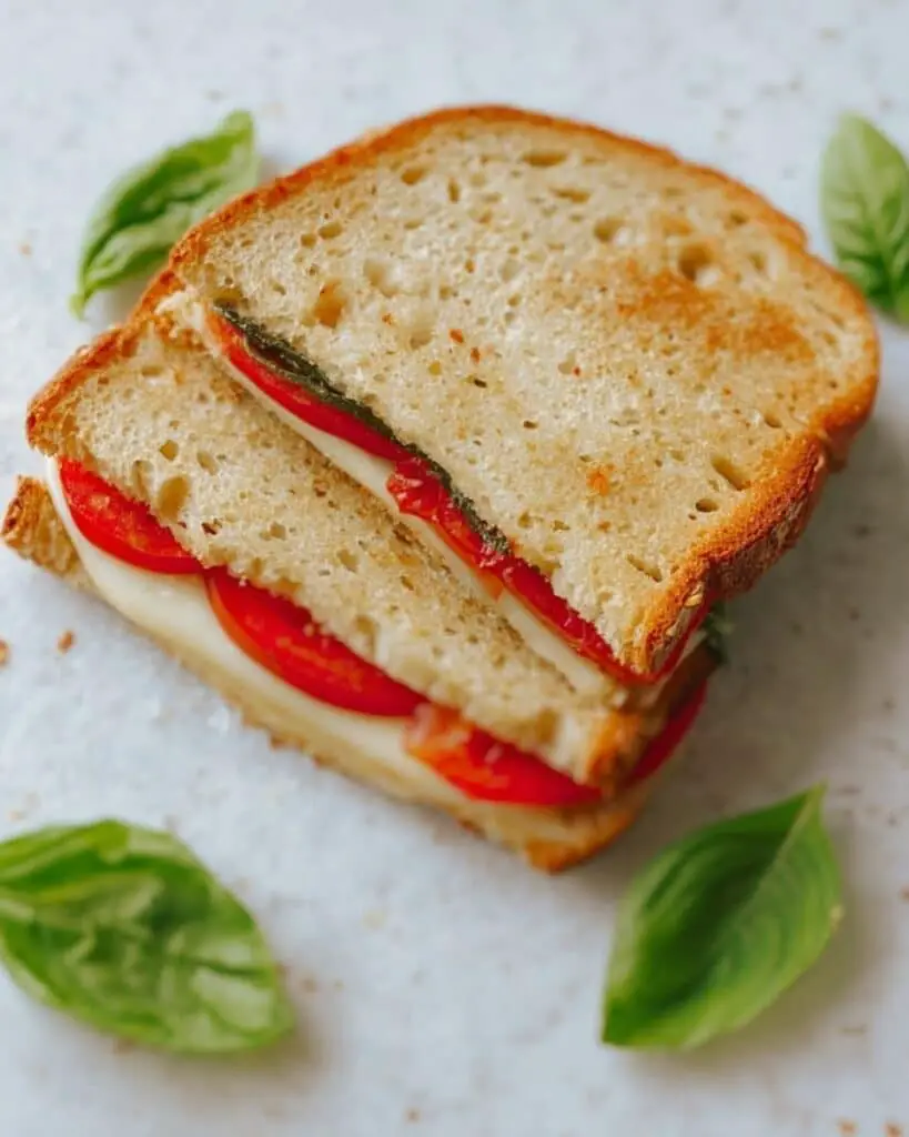 Mozzarella Sandwich with Basil Pesto, Tomatoes, and Roasted Red Peppers Recipe
