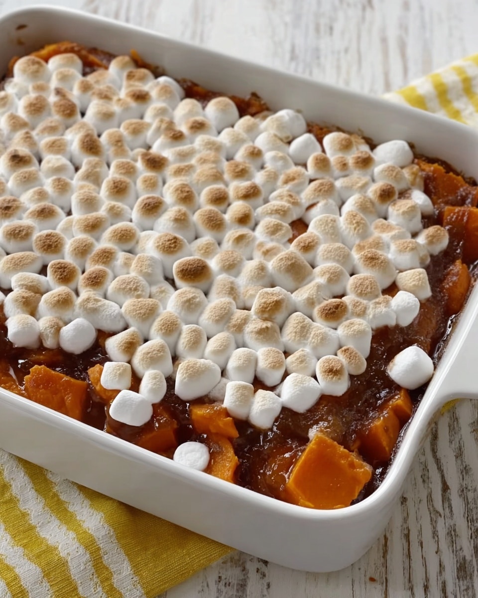 The image shows a white rectangular baking dish filled with a sweet potato casserole. At the bottom, chunks of bright orange sweet potatoes with a slightly soft texture create the first layer. Above the sweet potatoes, there is a sticky brown sauce, giving a shiny and moist look. On top of the dish, there is a dense layer of small toasted marshmallows, each one golden brown on the top and soft white on the bottom, covering the sweet potatoes almost fully except some edges where the sweet potatoes peek through. The dish is placed on a white marbled textured surface with a yellow-striped cloth nearby. photo taken with an iphone --ar 4:5 --v 7