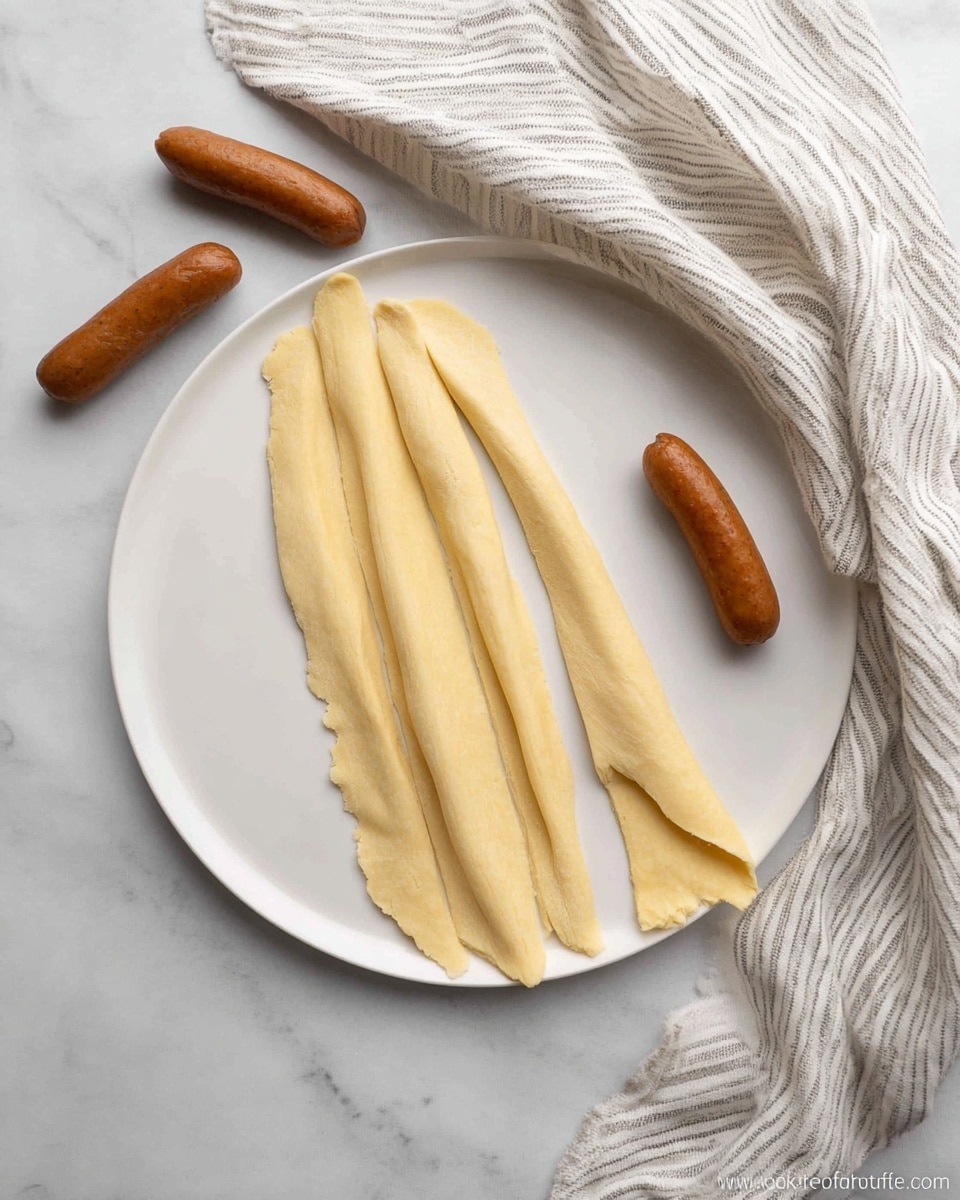 A white plate on a white marbled surface holds three long, light yellow dough strips arranged side by side with rough edges, slightly overlapping at the bottom. Around the dough strips are three small brown sausages, placed evenly around the plate. A white cloth with gray stripes is softly draped behind the plate. photo taken with an iphone --ar 4:5 --v 7